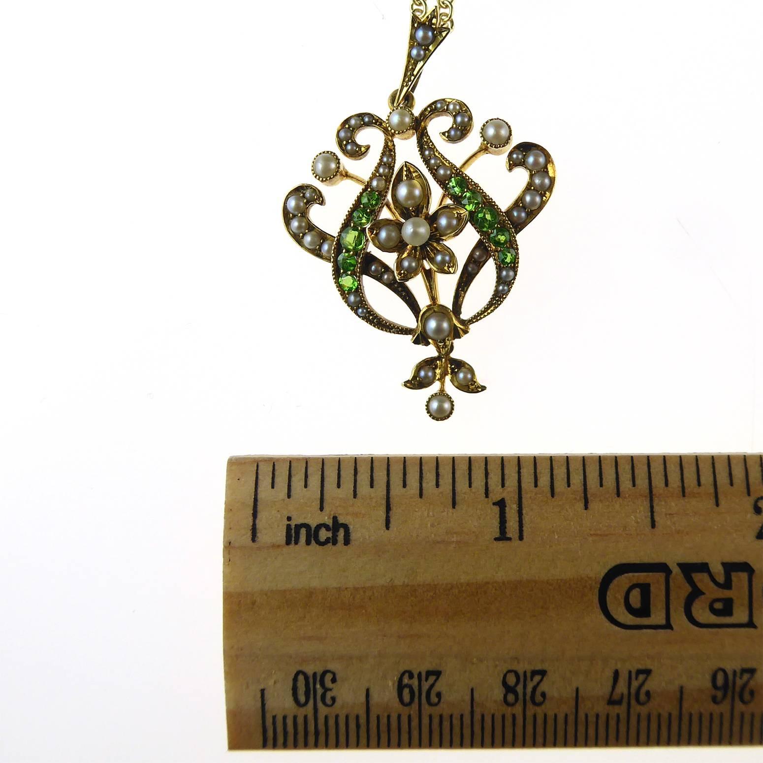 Antique Art Nouveau Pendant, 15 Carat Gold with Demantoid Garnet and Seed Pearls 2