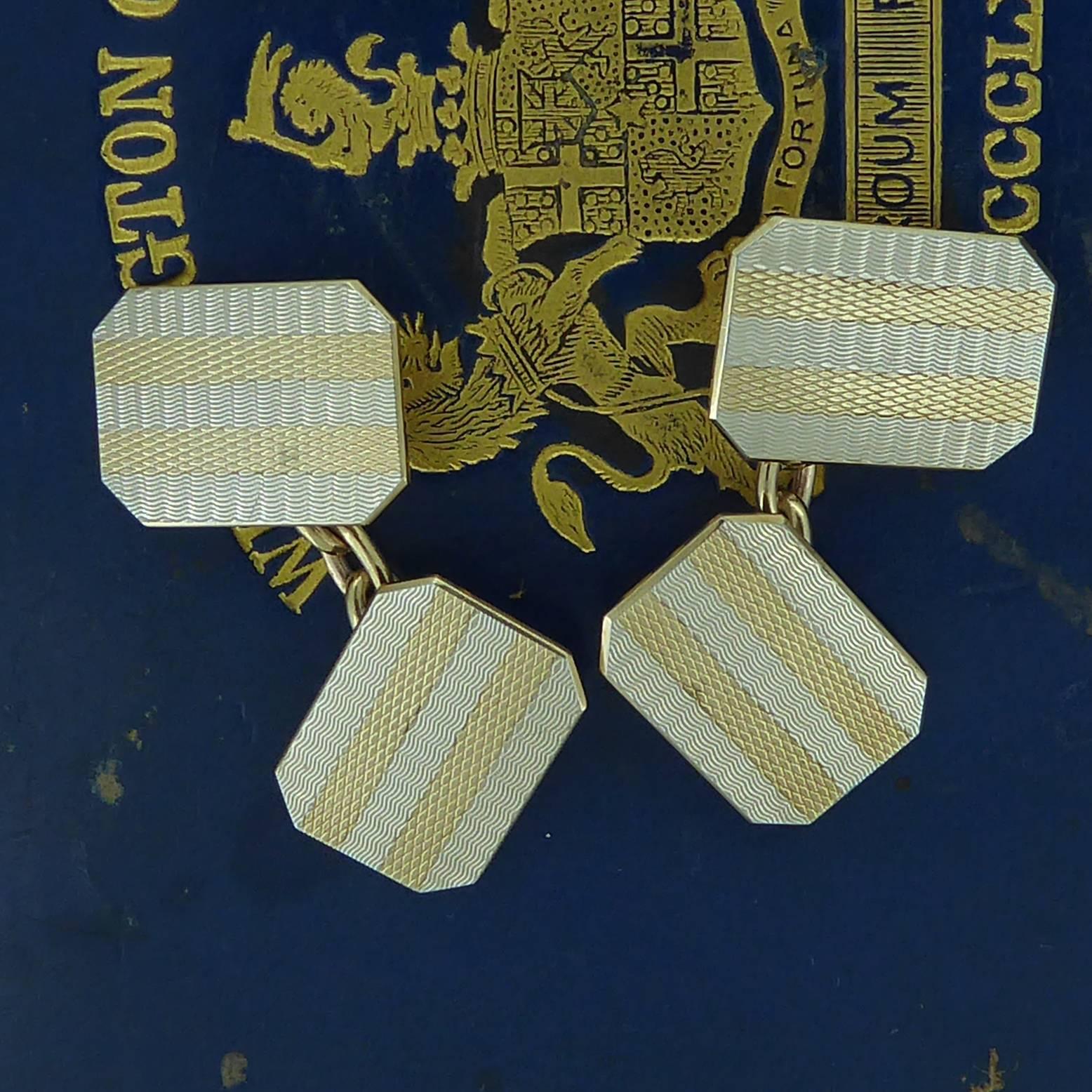Art Deco Style Cufflinks in Yellow and White Gold, Machine Engraved, circa 1960s 5