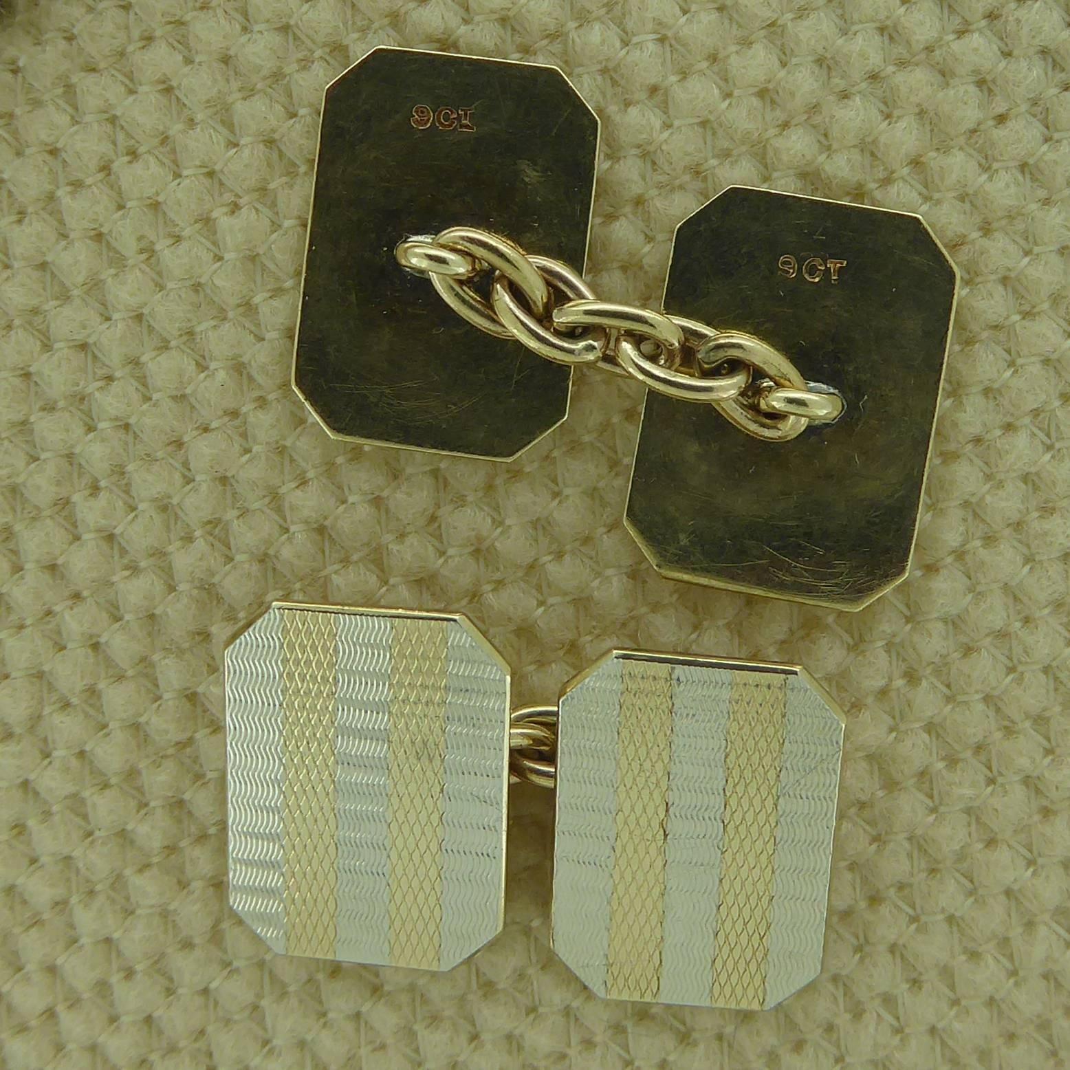 Men's Art Deco Style Cufflinks in Yellow and White Gold, Machine Engraved, circa 1960s