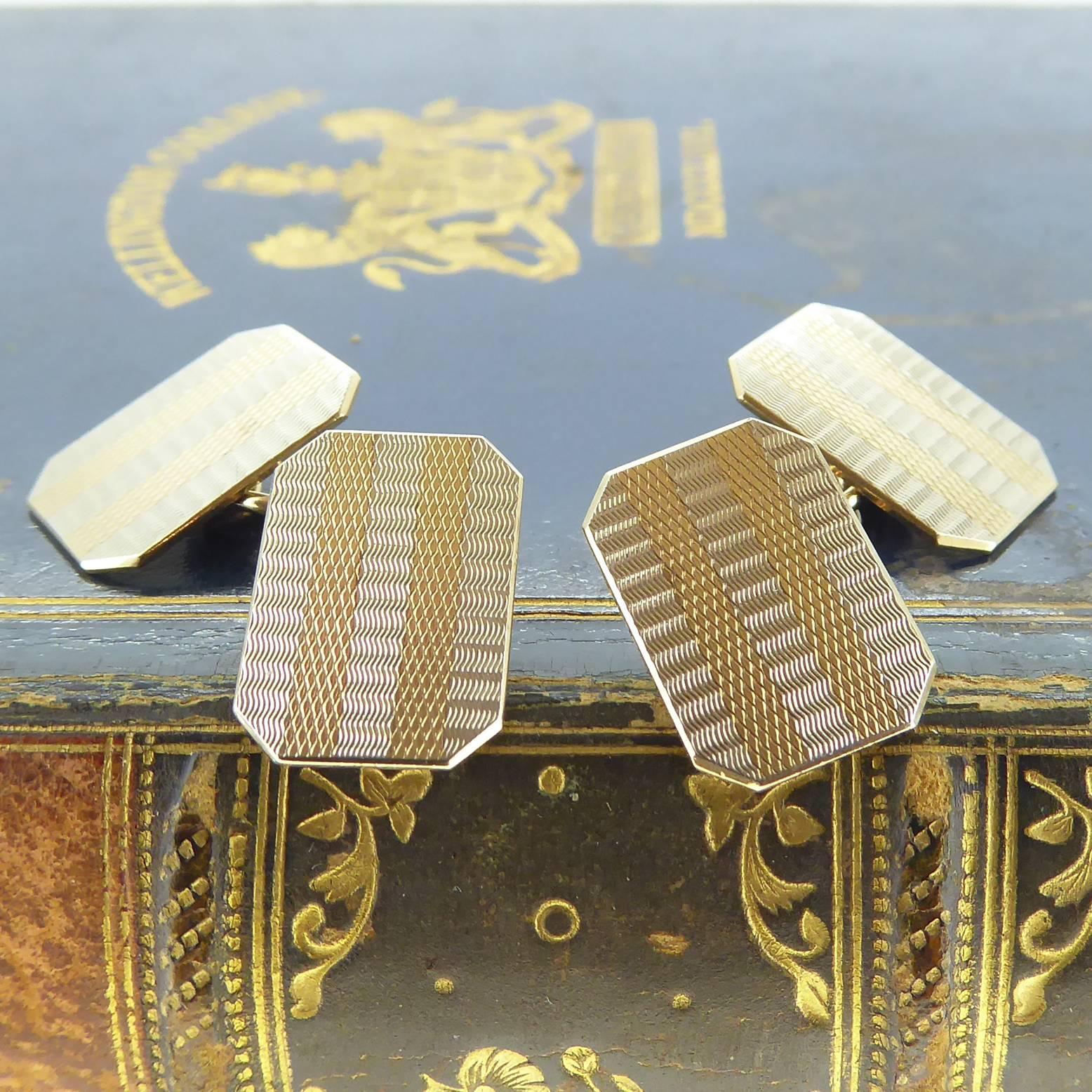 Art Deco Style Cufflinks in Yellow and White Gold, Machine Engraved, circa 1960s 3
