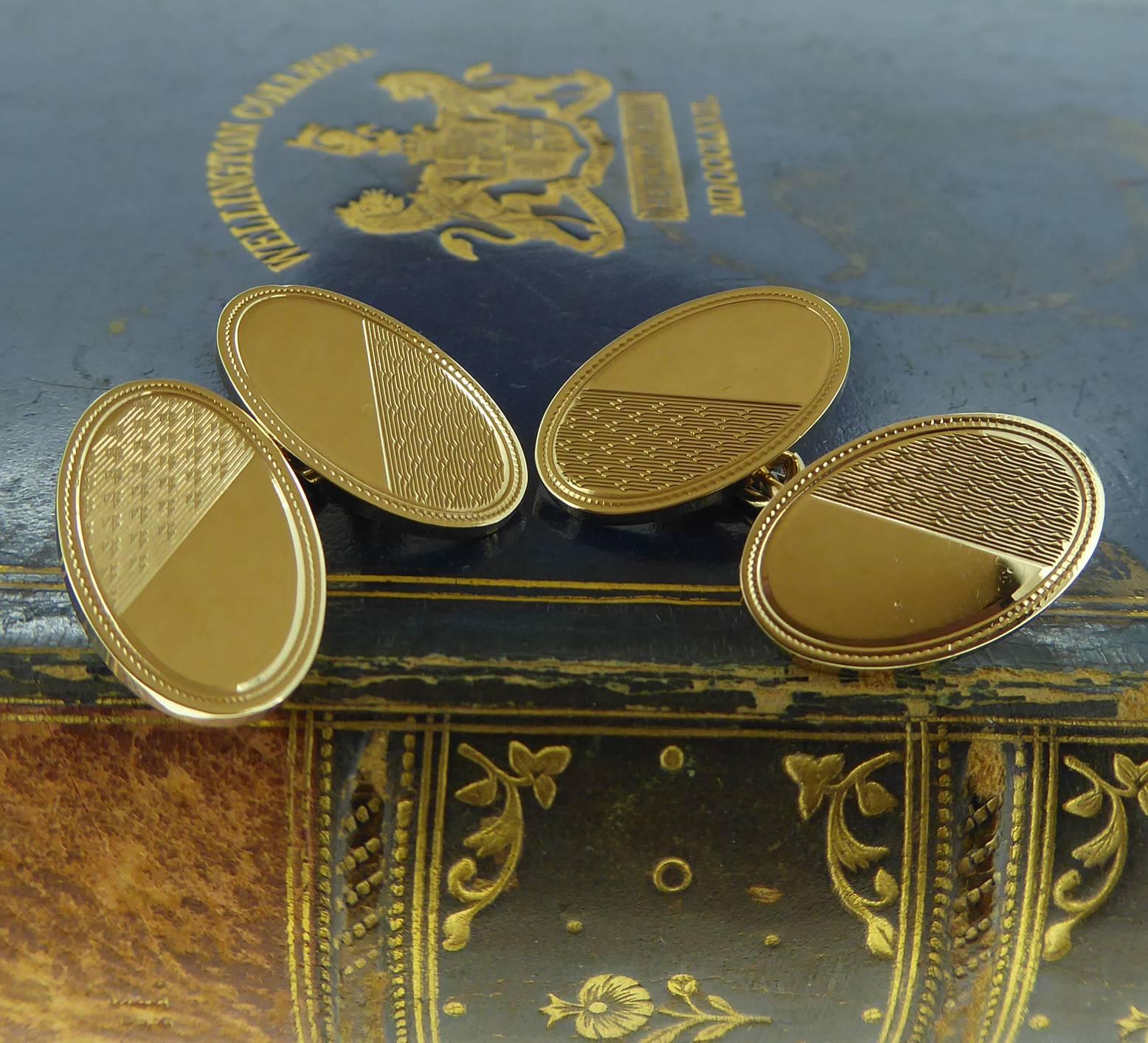 These vintage cufflinks for men from the 1950s. are a very elegant oval shape with a diagonal division of plain polished gold - where a family crest, initials or an important date may be engraved - and machine engraving.  The cufflinks were made by