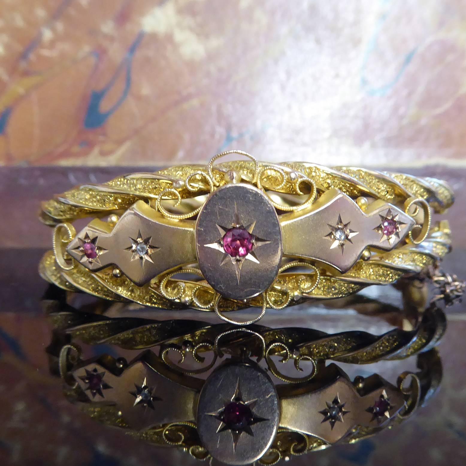 Rose Cut Victorian Ruby and Diamond Bangle in 9 Carat Gold
