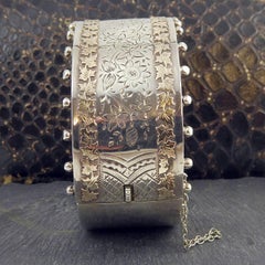 Antique Victorian Silver and Gold Bangle, Floral Decoration, Hallmarked 1884