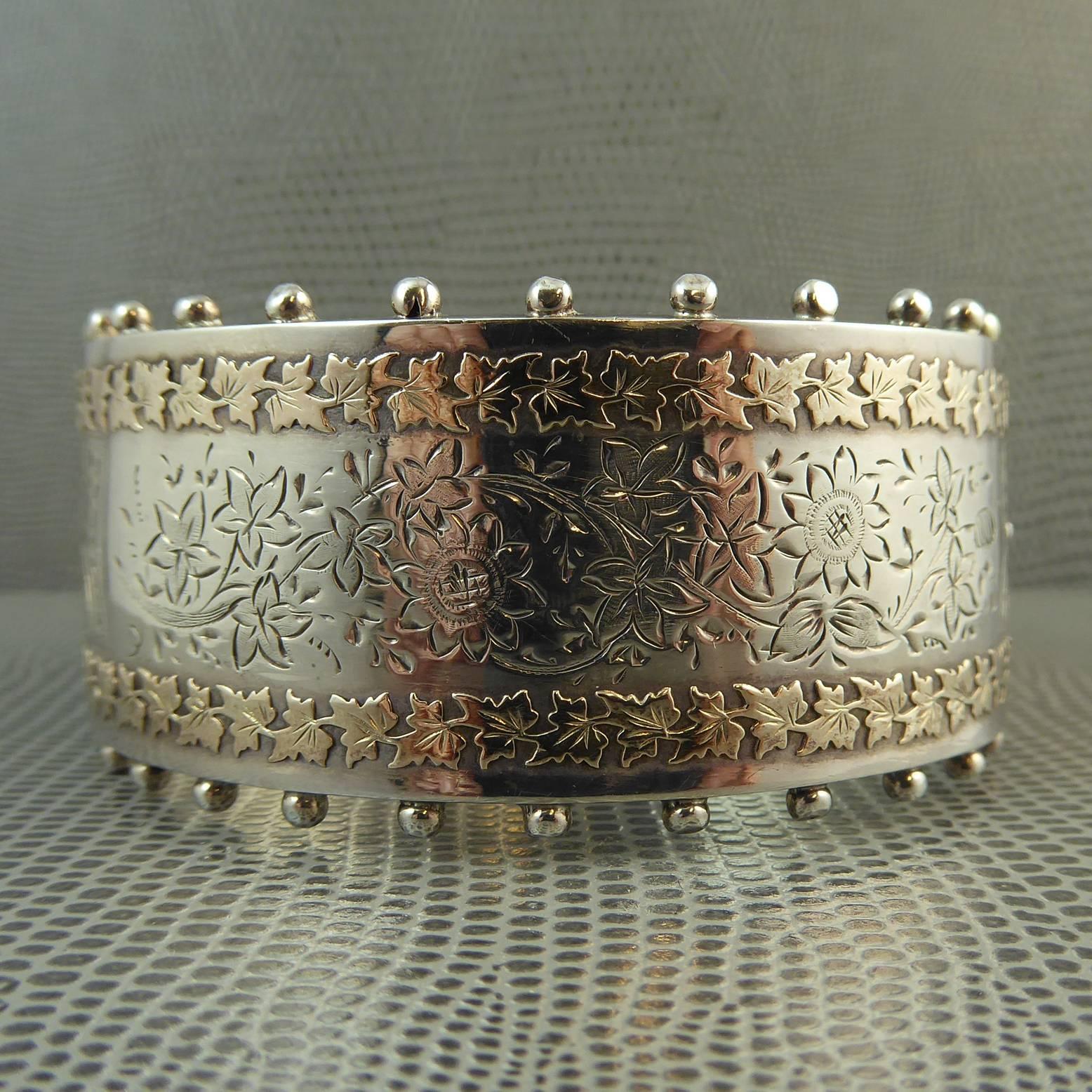 Antique Victorian Silver and Gold Bangle, Floral Decoration, Hallmarked 1884 2