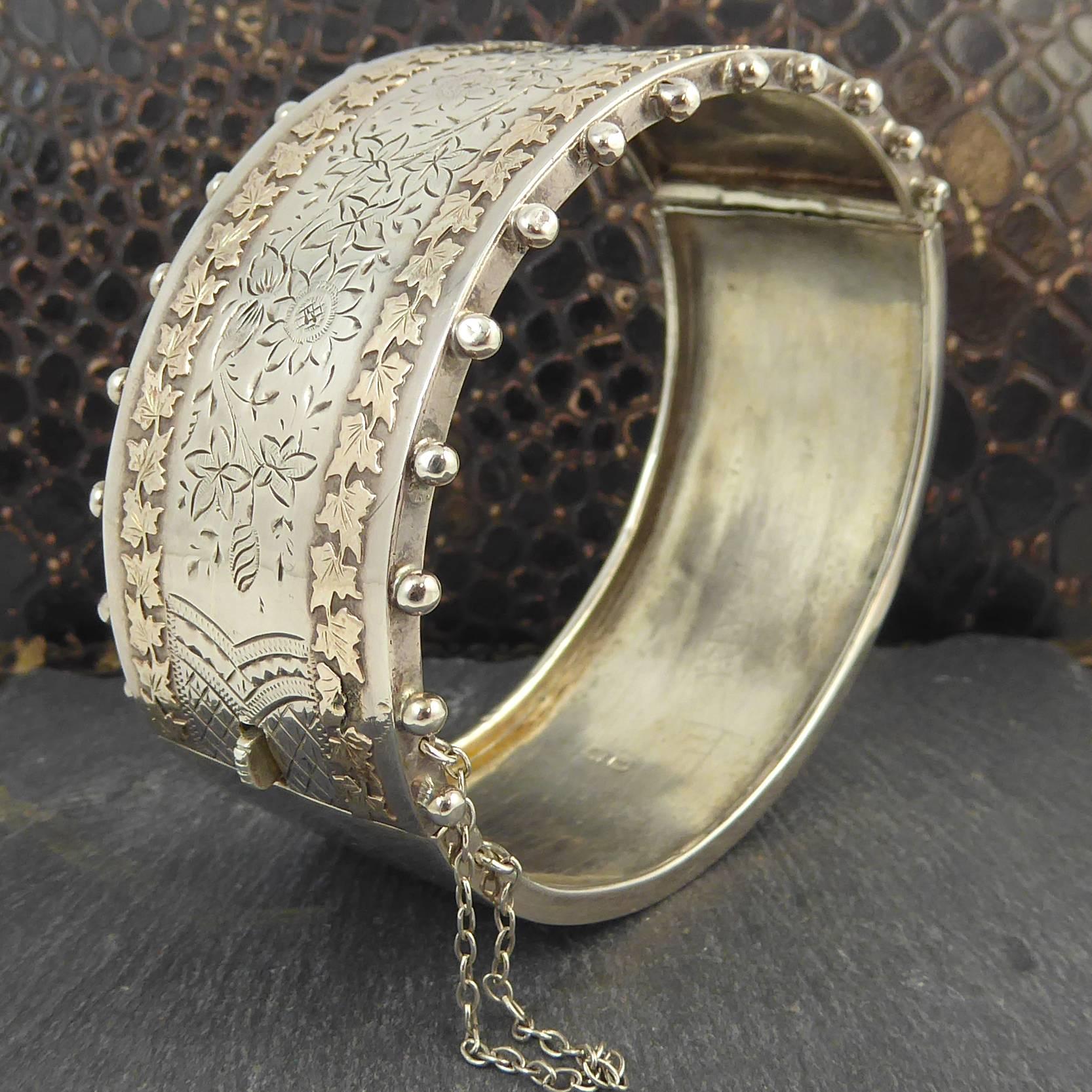 Women's Antique Victorian Silver and Gold Bangle, Floral Decoration, Hallmarked 1884