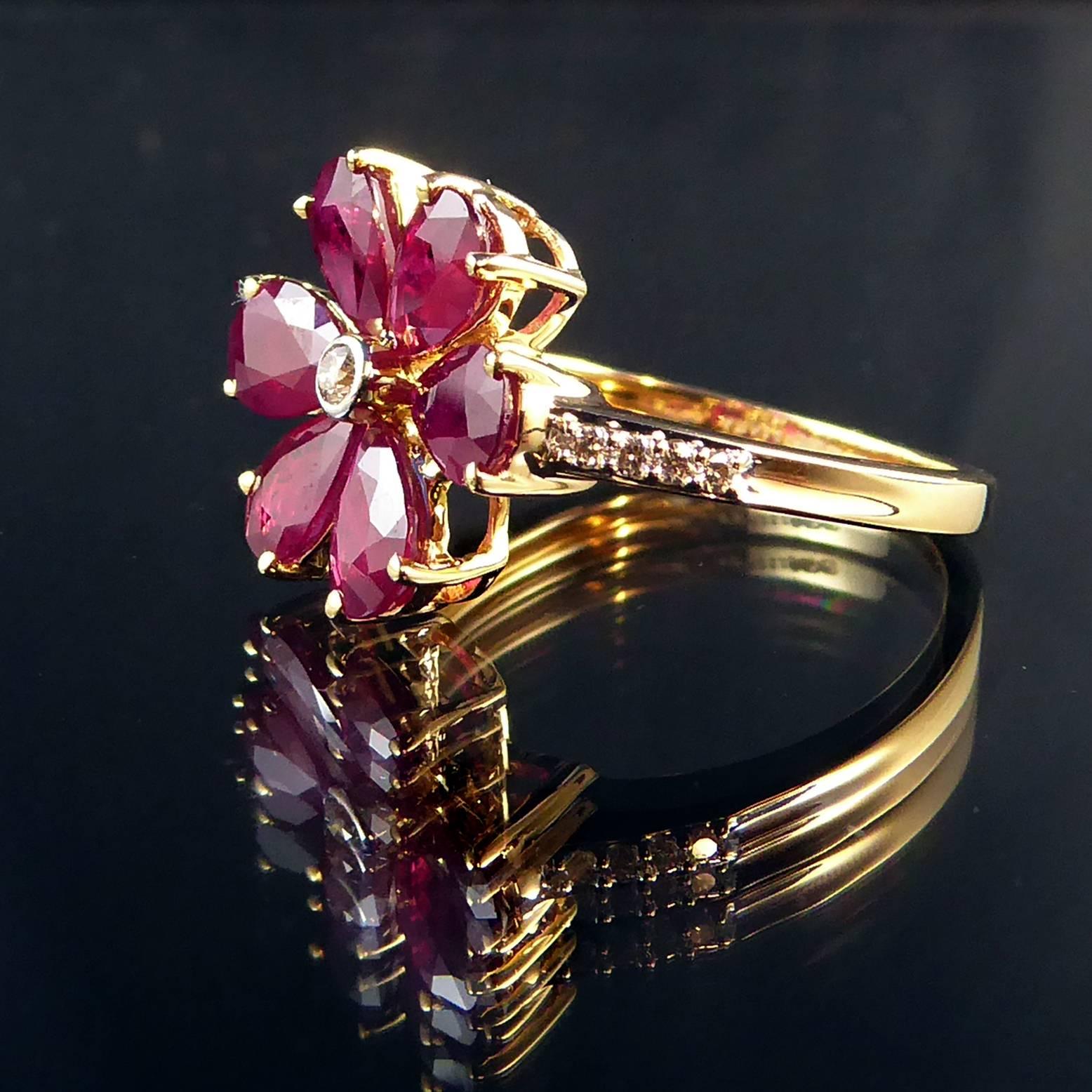 Modern Vintage Ruby Diamond Cluster Ring, Daisy Design, Diamond Shoulders, 18 Carat