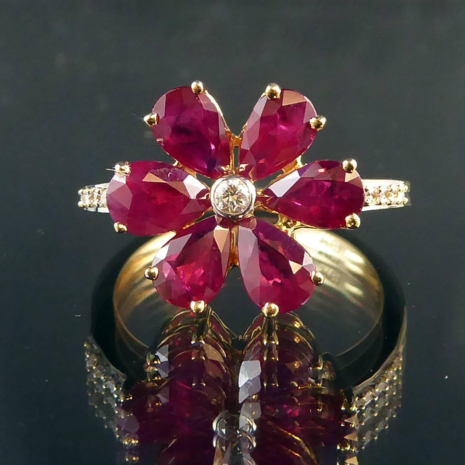 Pear Cut Vintage Ruby Diamond Cluster Ring, Daisy Design, Diamond Shoulders, 18 Carat