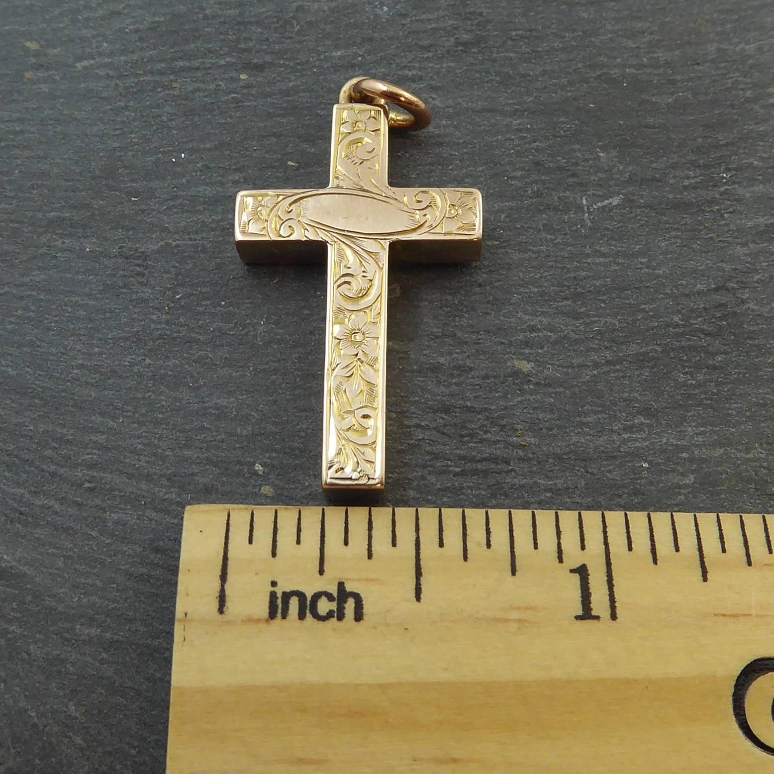 Edwardian Antique Cross, Hand Engraved, 9 Carat Gold, Birmingham, 1901 3