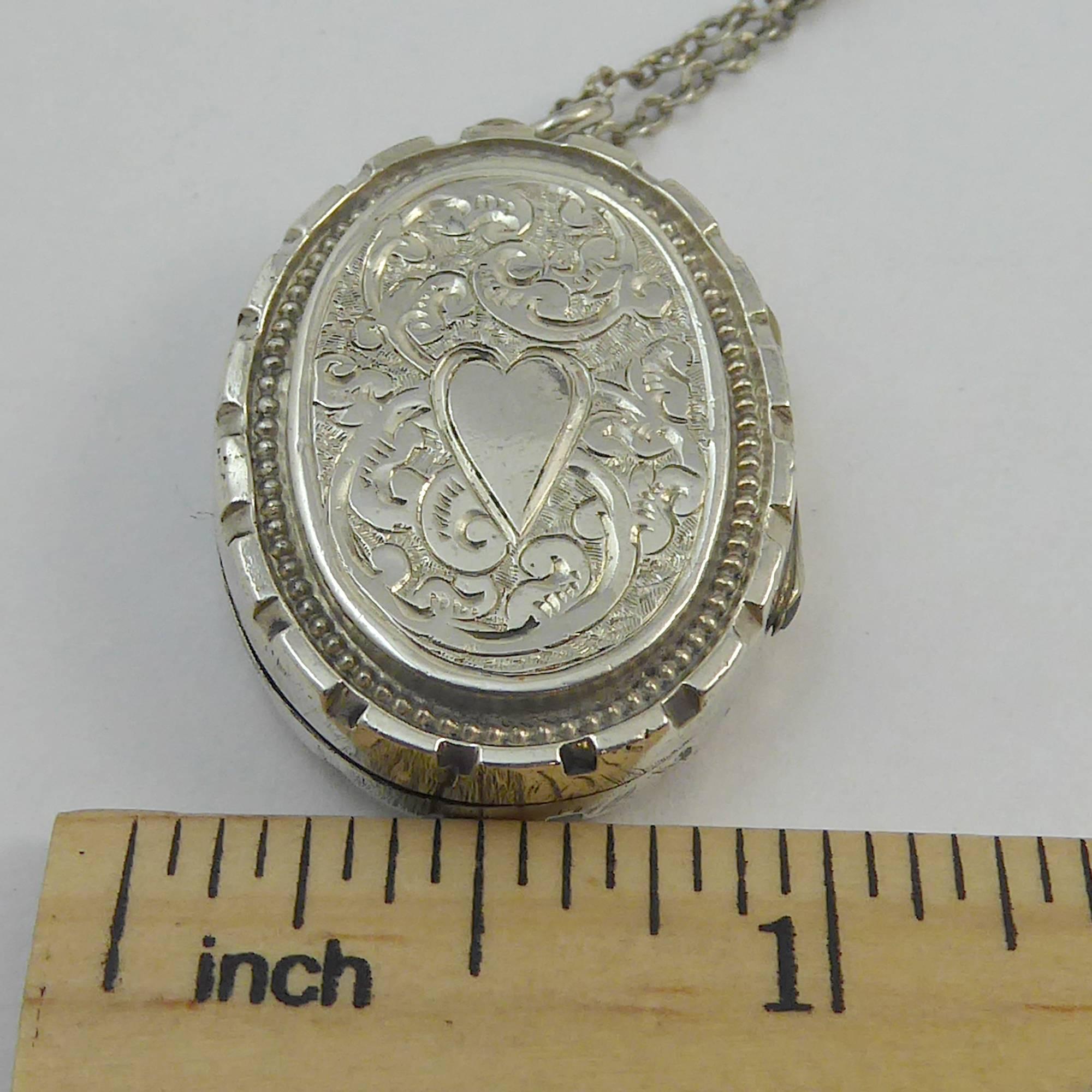 Antique Silver Locket, Silver Chain, circa Edwardian, Hand and Machine Engraved 4