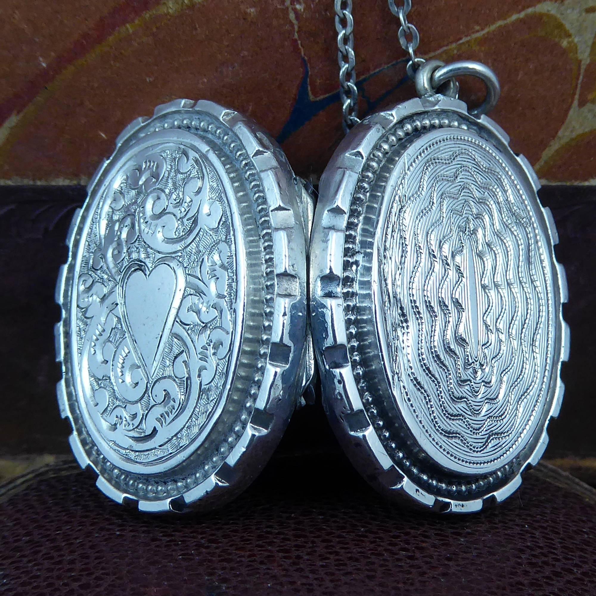 Women's Antique Silver Locket, Silver Chain, circa Edwardian, Hand and Machine Engraved