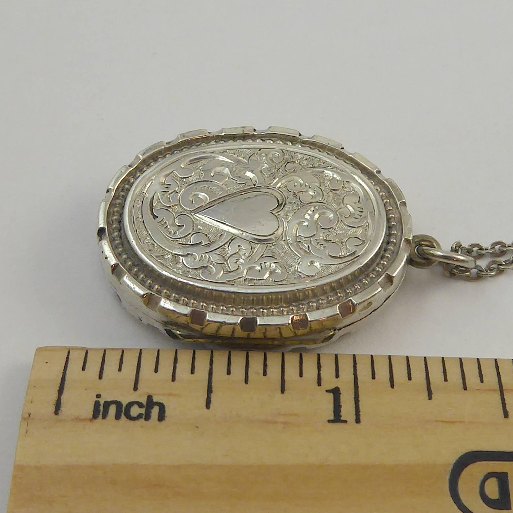 Antique Silver Locket, Silver Chain, circa Edwardian, Hand and Machine Engraved 3
