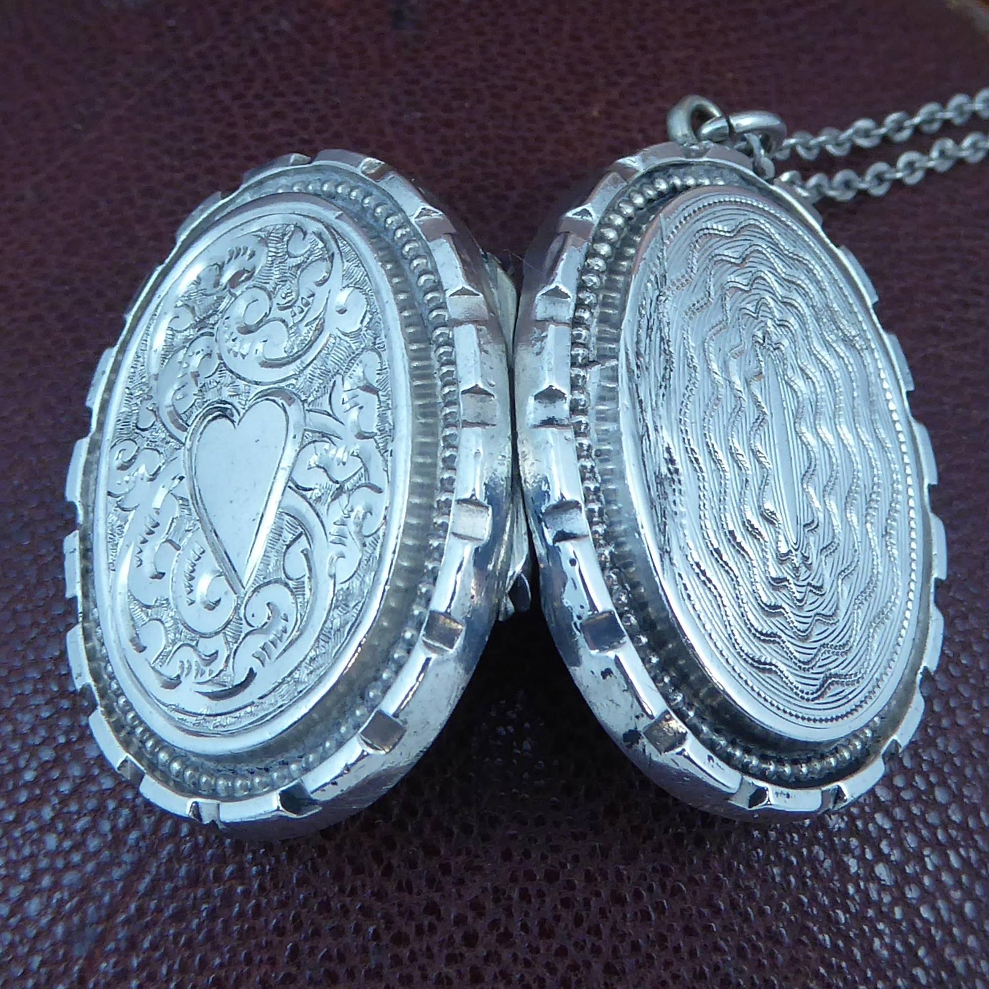 Antique Silver Locket, Silver Chain, circa Edwardian, Hand and Machine Engraved 2