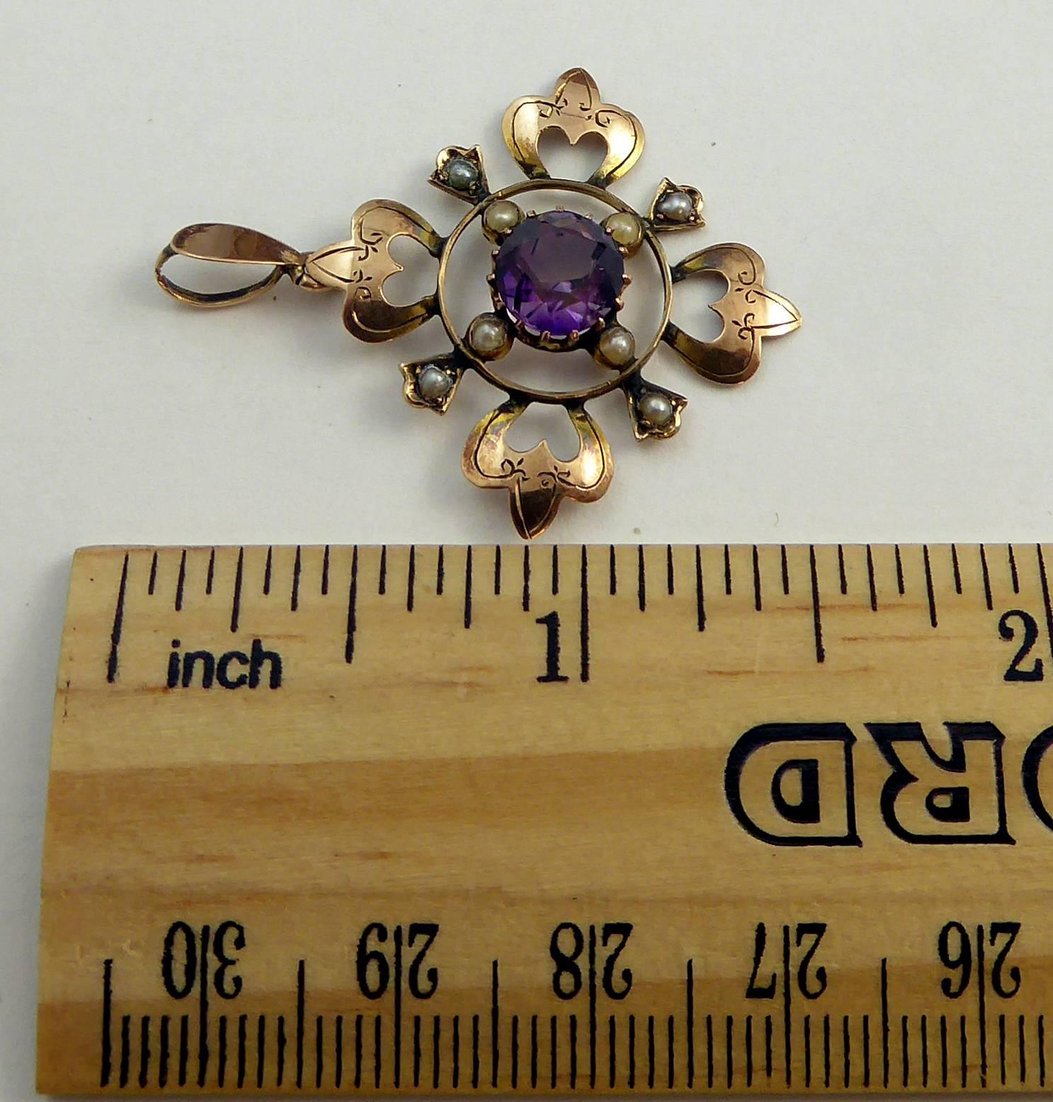 Antique Late Victorian Amethyst and Pearl Pendant, circa 1890s 1