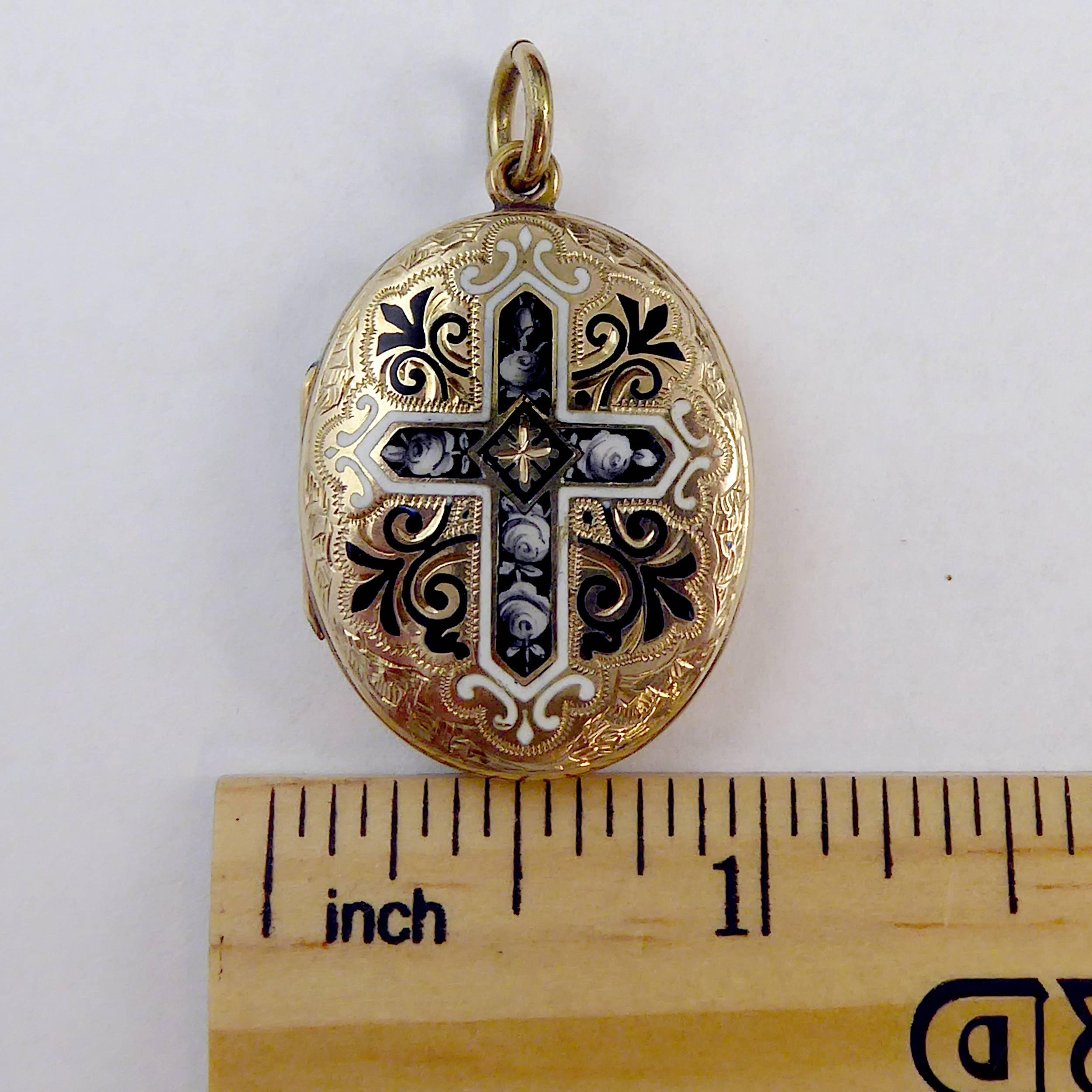 Victorian Gold Back and Front Locket, Engraved, Enamel Decoration, circa 1880 3