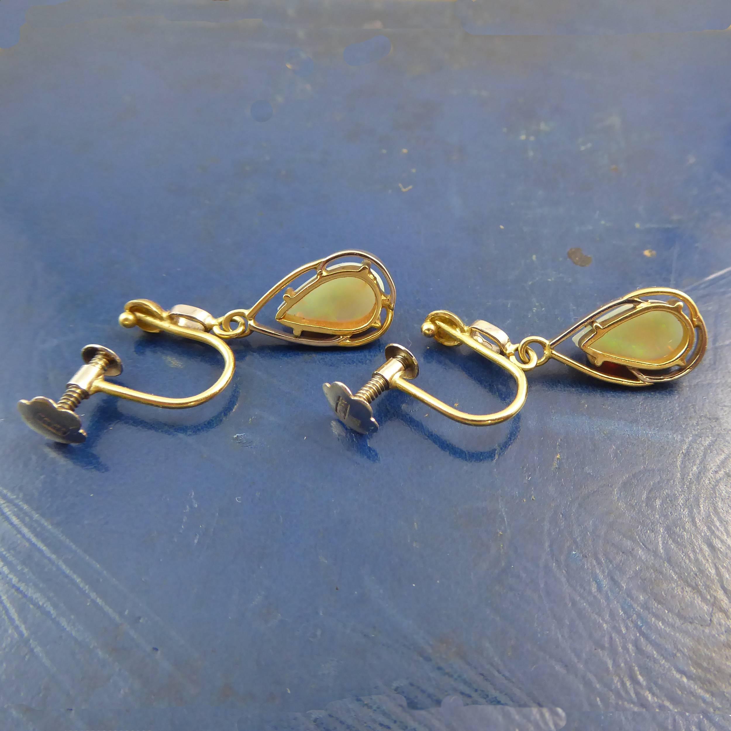 Contemporary Vintage Pear Shaped Opal Drop Earrings, 18 Carat Gold, circa 1980s