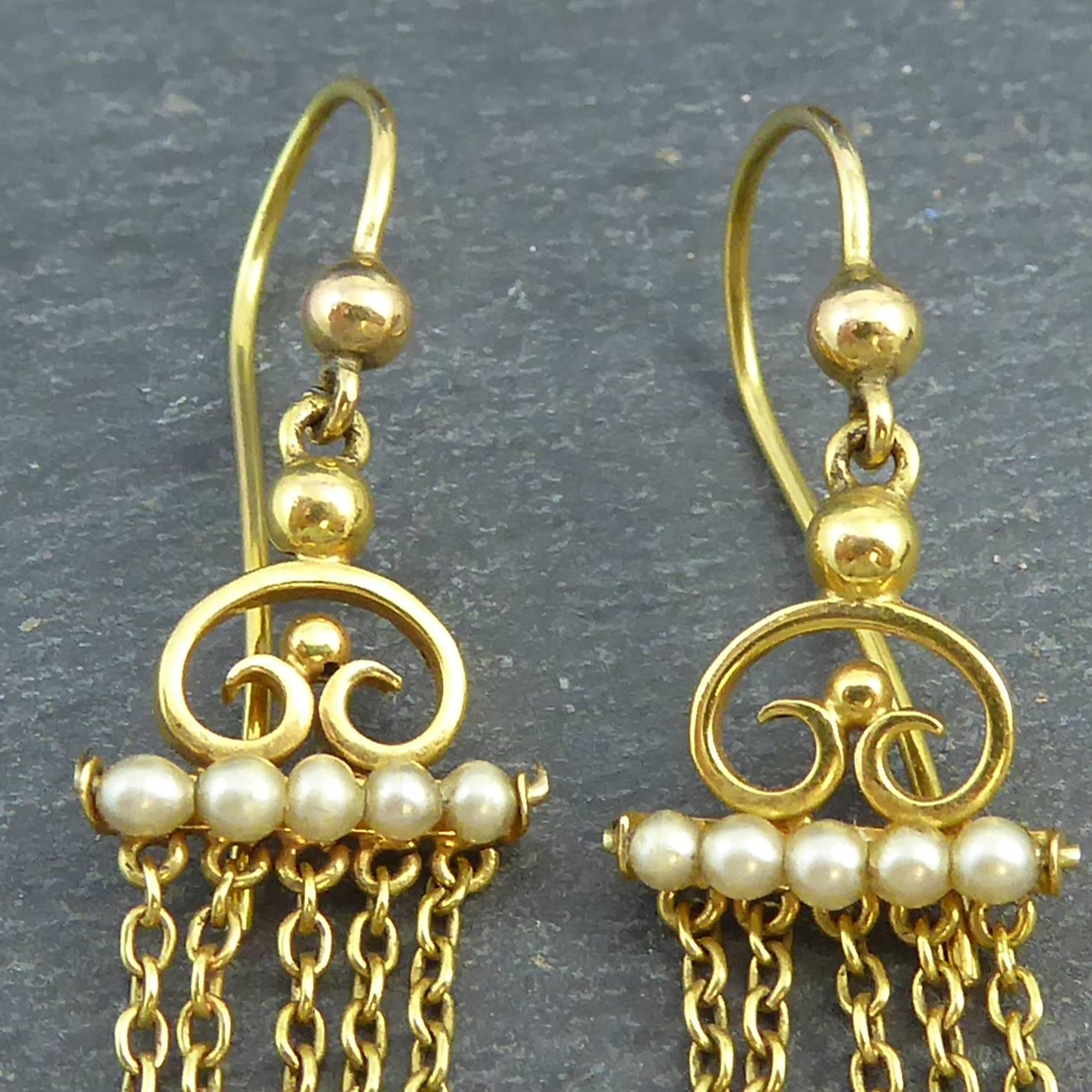 Edwardian Drop Earrings with Pearls, 9 Carat Gold 1