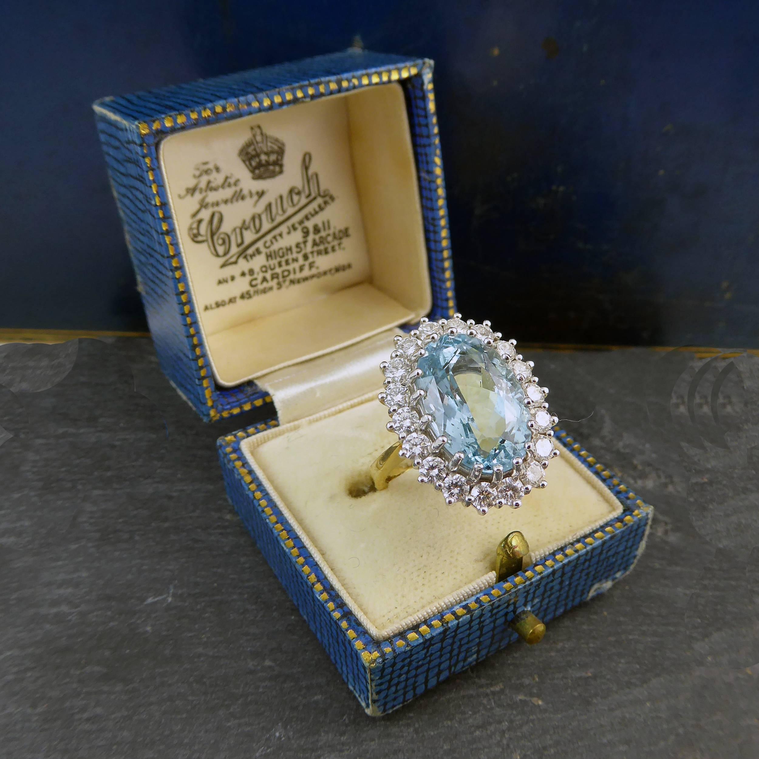Women's 8.91 Carat Blue Topaz and Diamond Cluster Ring, 18 Carat Gold, London, 2005