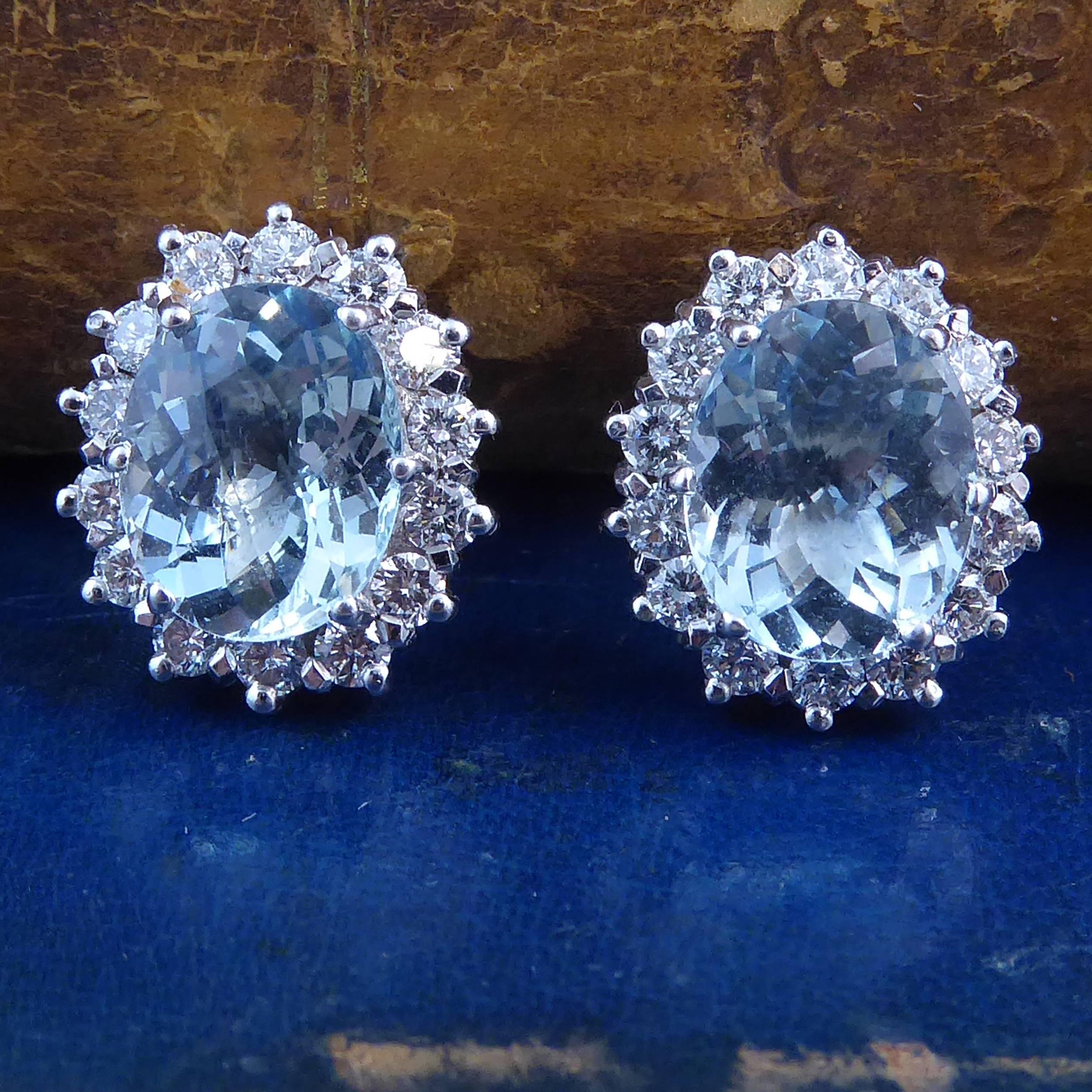 Women's Vintage 4.60 Carat Aquamarine and Diamond Cluster Earrings, London, 1984