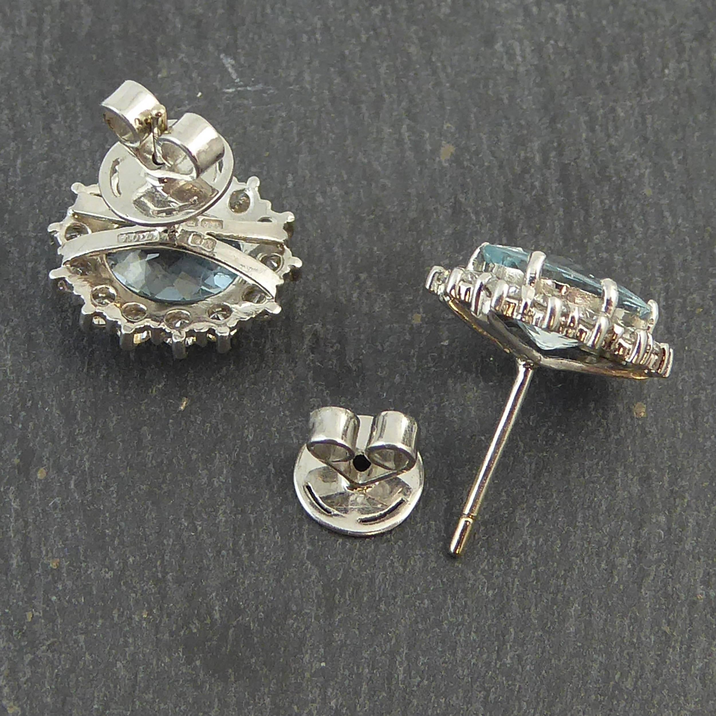 Oval Cut Vintage 4.60 Carat Aquamarine and Diamond Cluster Earrings, London, 1984