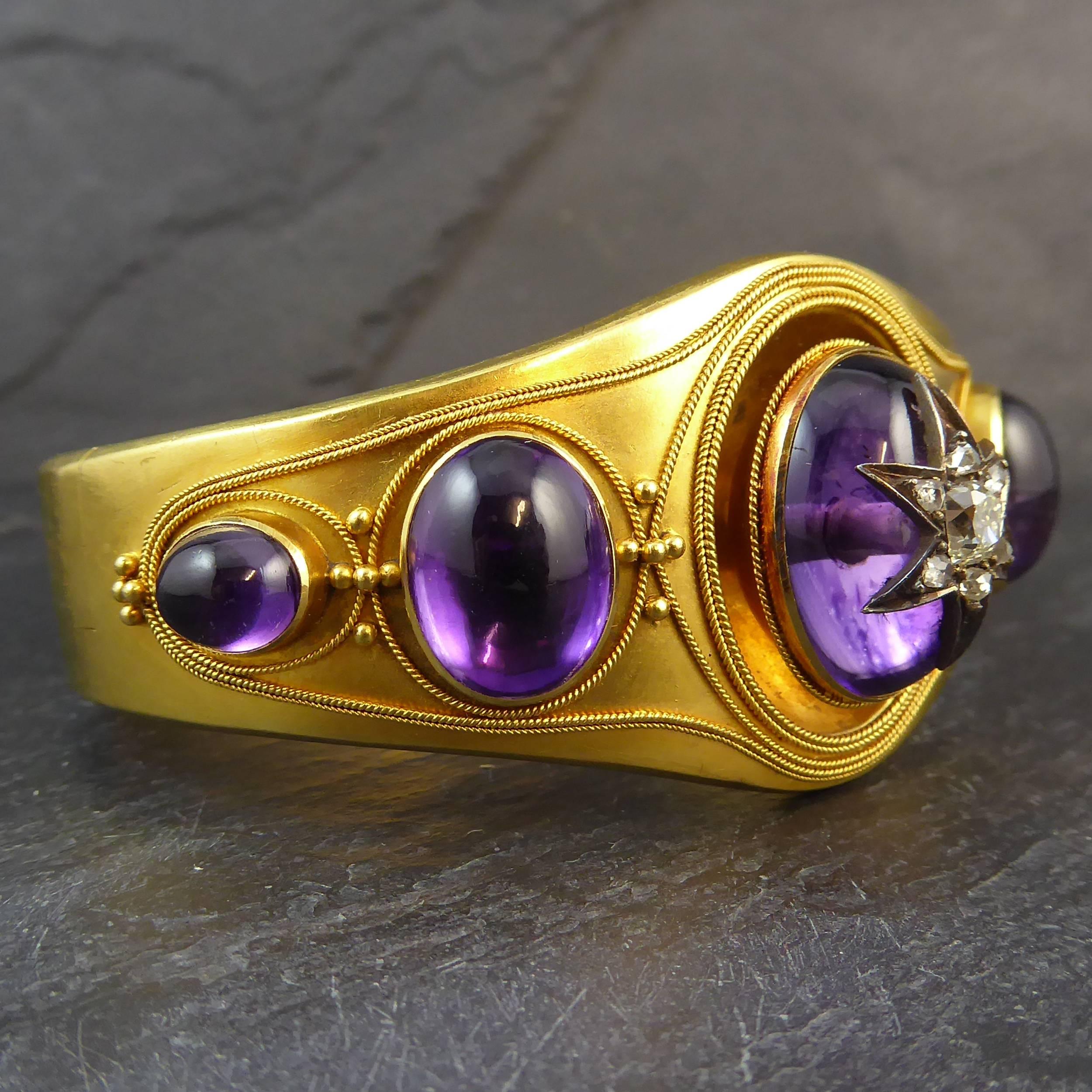 Oval Cut Victorian Amethyst and Diamond Bangle, circa 1880s, Etruscan Style Decoration