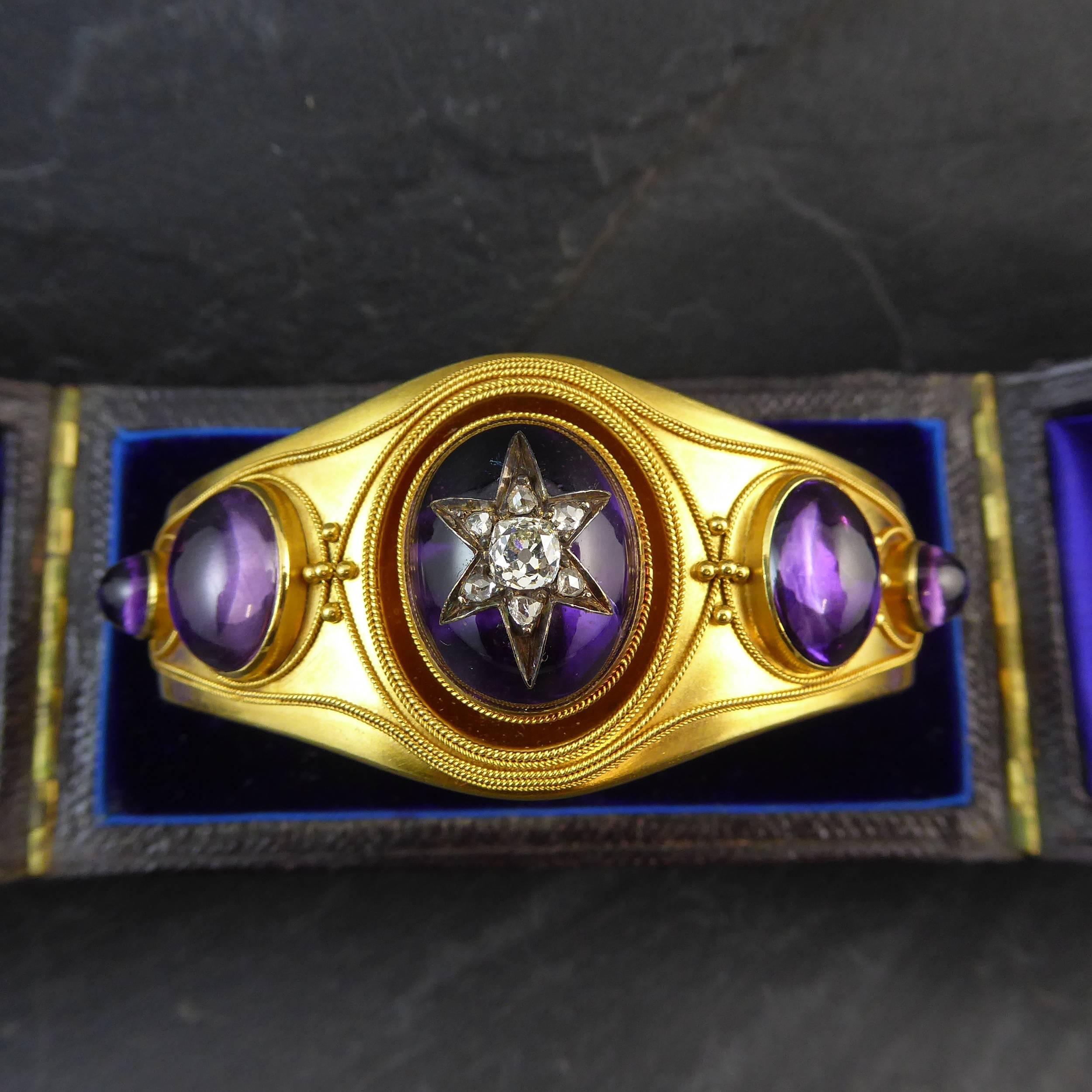 Victorian Amethyst and Diamond Bangle, circa 1880s, Etruscan Style Decoration 3