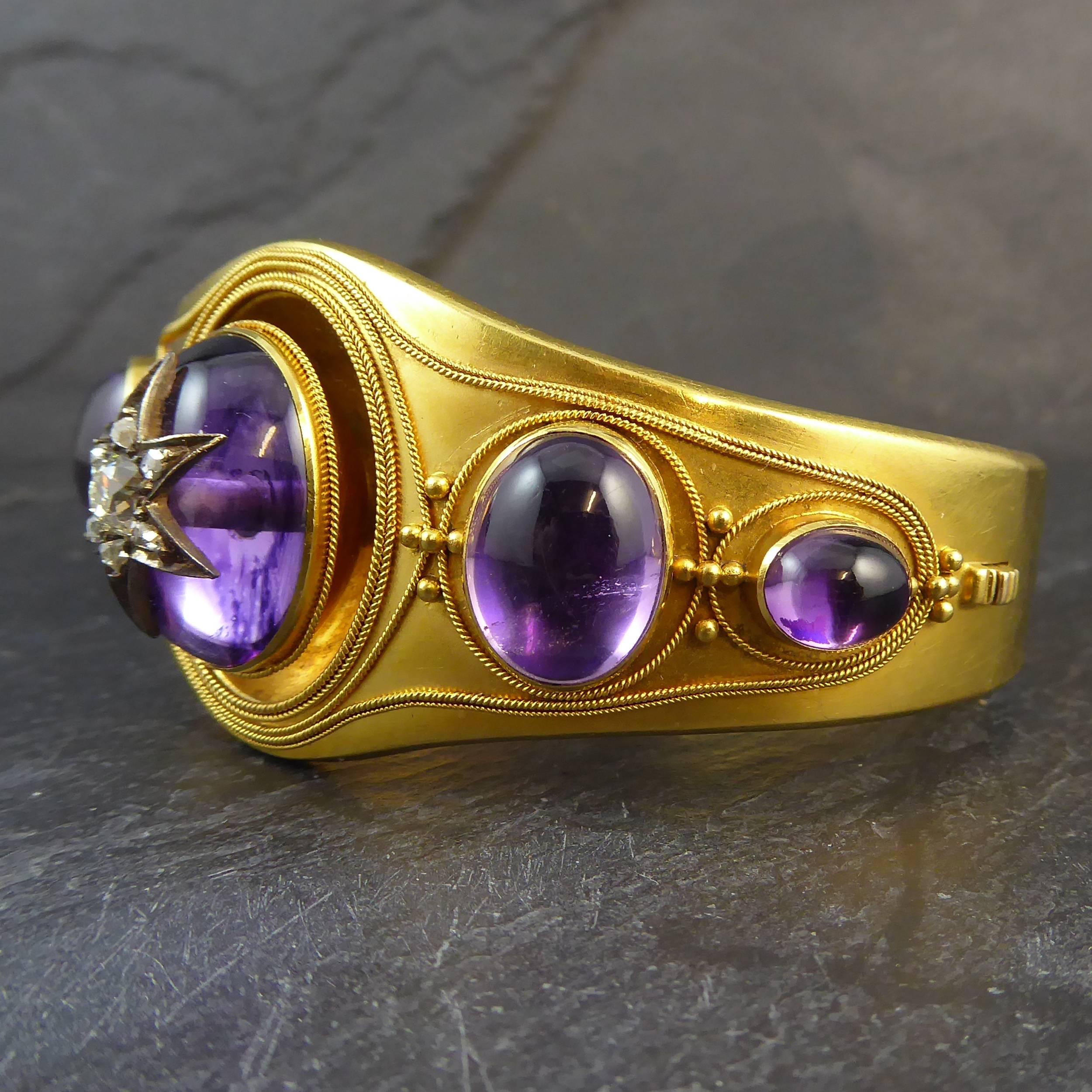 Victorian Amethyst and Diamond Bangle, circa 1880s, Etruscan Style Decoration In Good Condition In Yorkshire, West Yorkshire