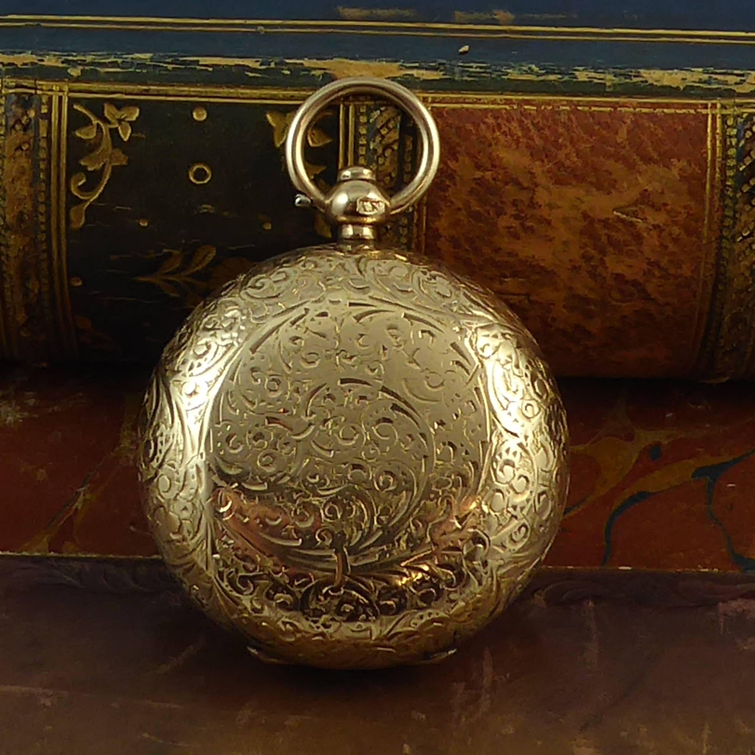 A beautfully engraved sovereign case from the later years of the Victorian era.  Decorated to the front and back with a hand engraved scroll work design with a circular central panel to the front left unmarked for the addition of initials or
