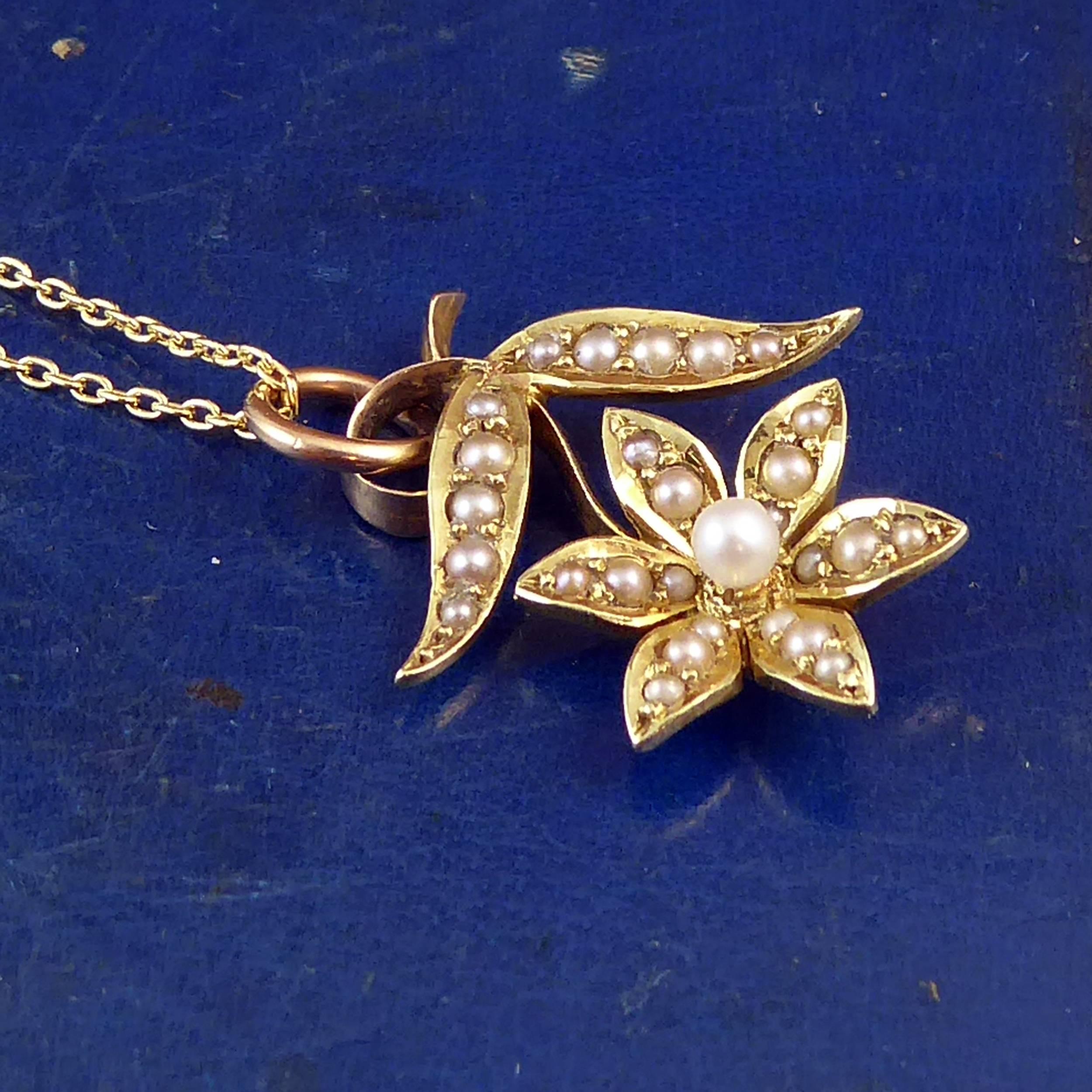 Victorian 15 Carat Pearl Flower Pendant, circa 1900 on 9 Carat Gold Chain 1