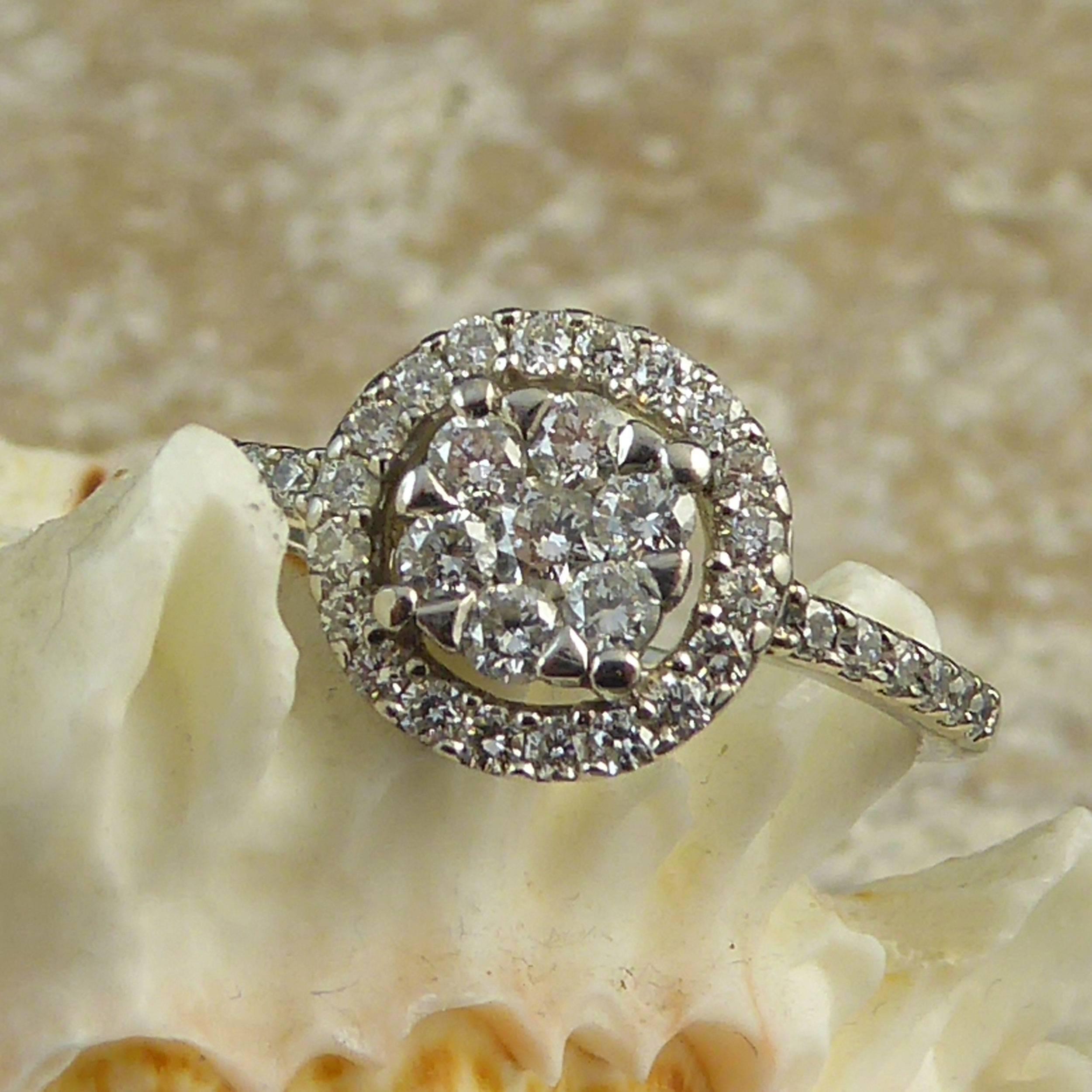 Contemporary Round Diamond Cluster 18 Carat White Gold Engagement Ring