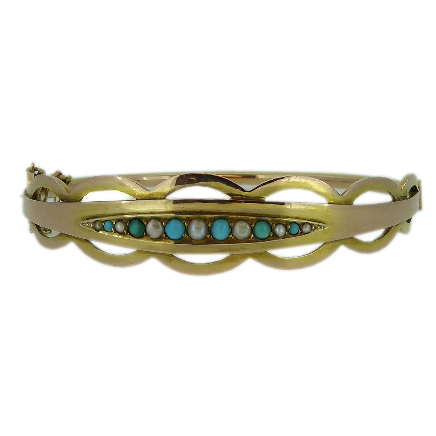 Antique Edwardian Peridot Pearl Gold Bangle Bracelet at 1stDibs
