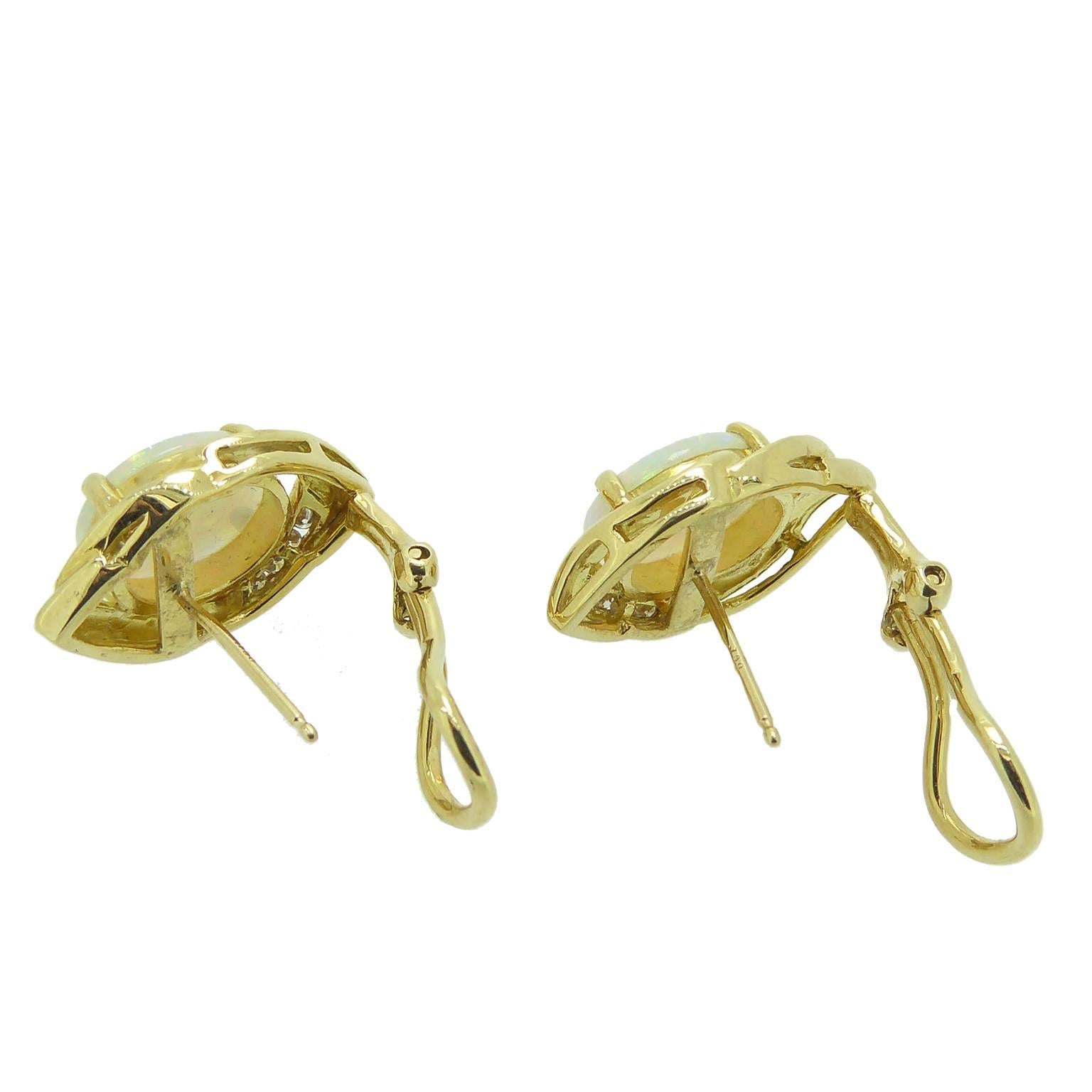 Retro Cabochon Opal Diamond Gold Earrings