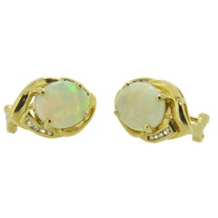 Vintage Cabochon Opal Diamond Gold Earrings