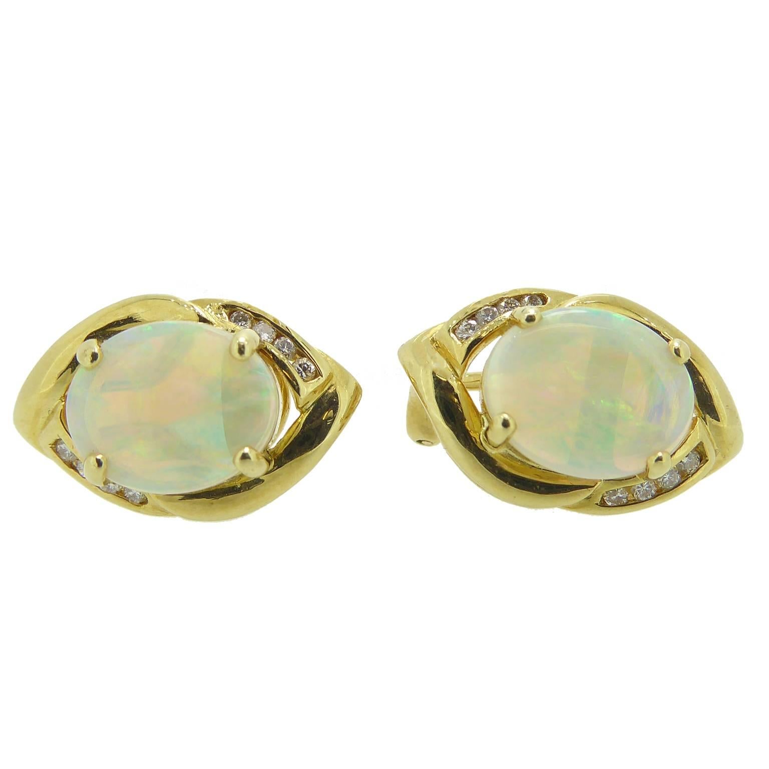 Women's Cabochon Opal Diamond Gold Earrings
