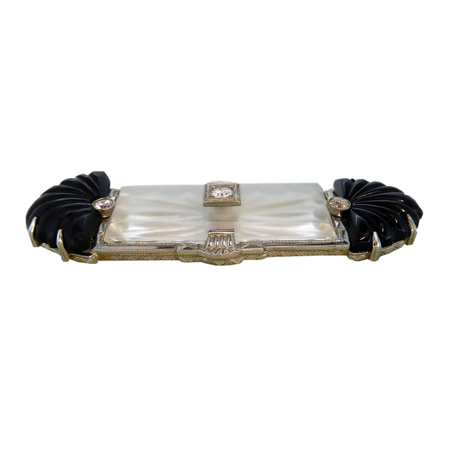 1920s Art Deco Rock Crystal Onyx Diamond Set White Gold Brooch 1