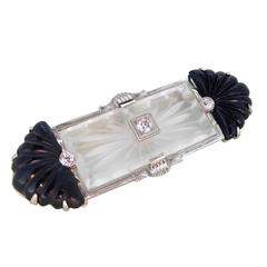 1920s Art Deco Rock Crystal Onyx Diamond Set White Gold Brooch