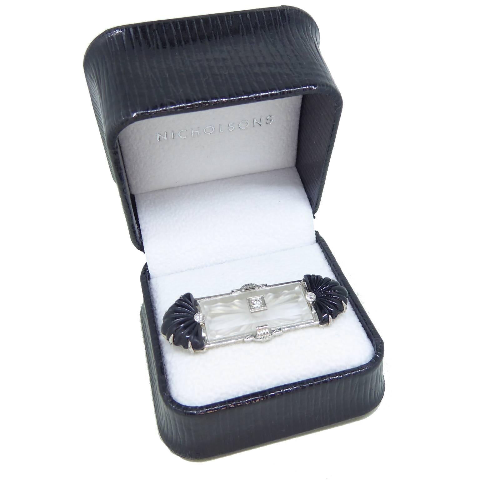 1920s Art Deco Rock Crystal Onyx Diamond Set White Gold Brooch In Excellent Condition In Yorkshire, West Yorkshire
