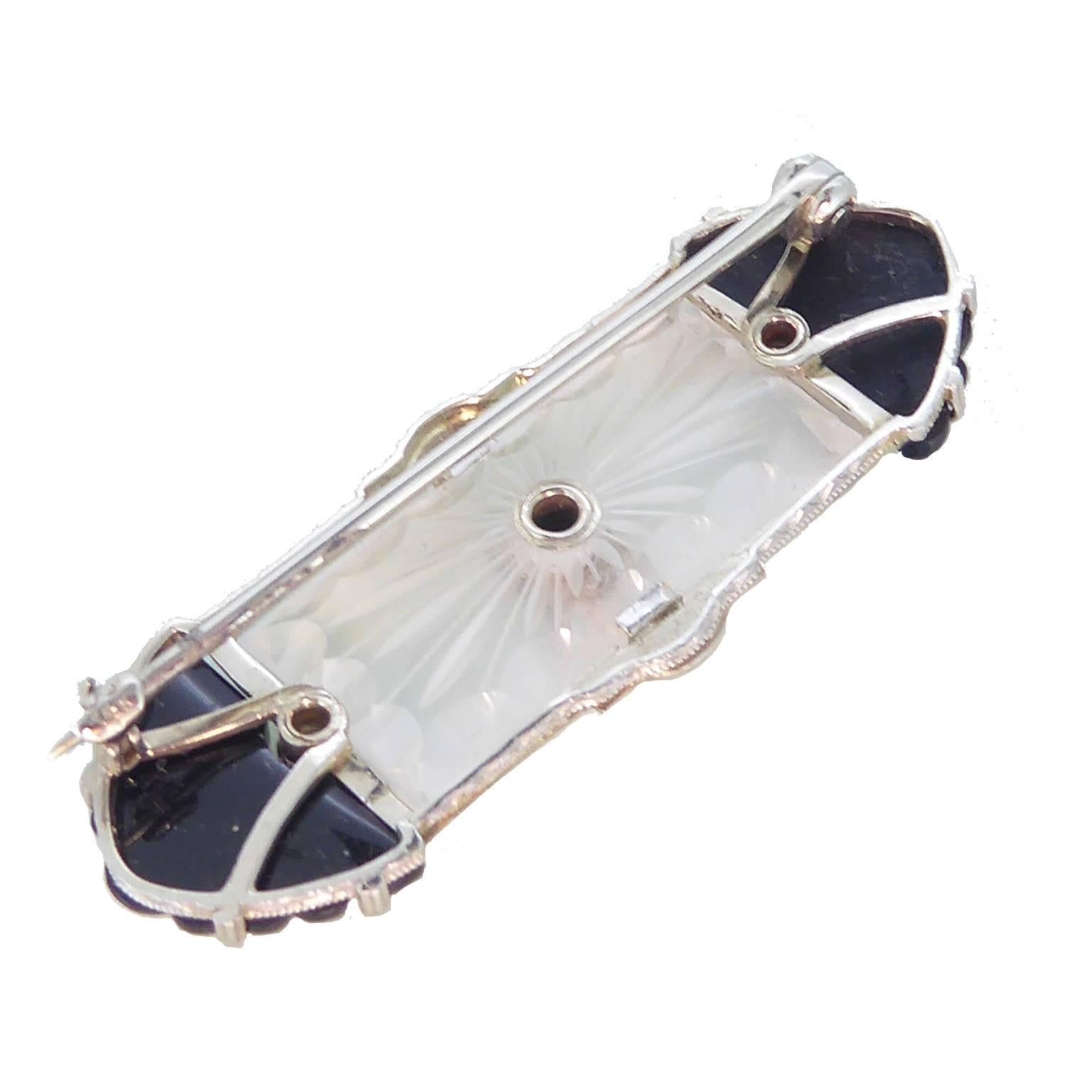 1920s Art Deco Rock Crystal Onyx Diamond Set White Gold Brooch 3