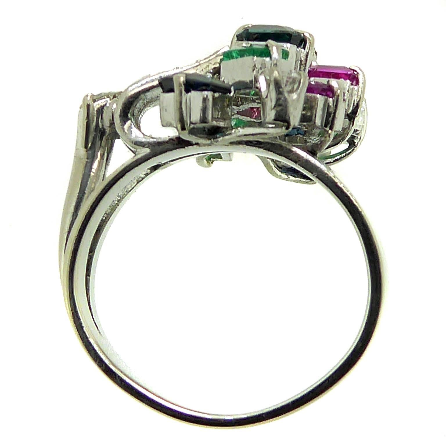 1970s Multistone Diamond Sapphire Ruby Cocktail Ring 3