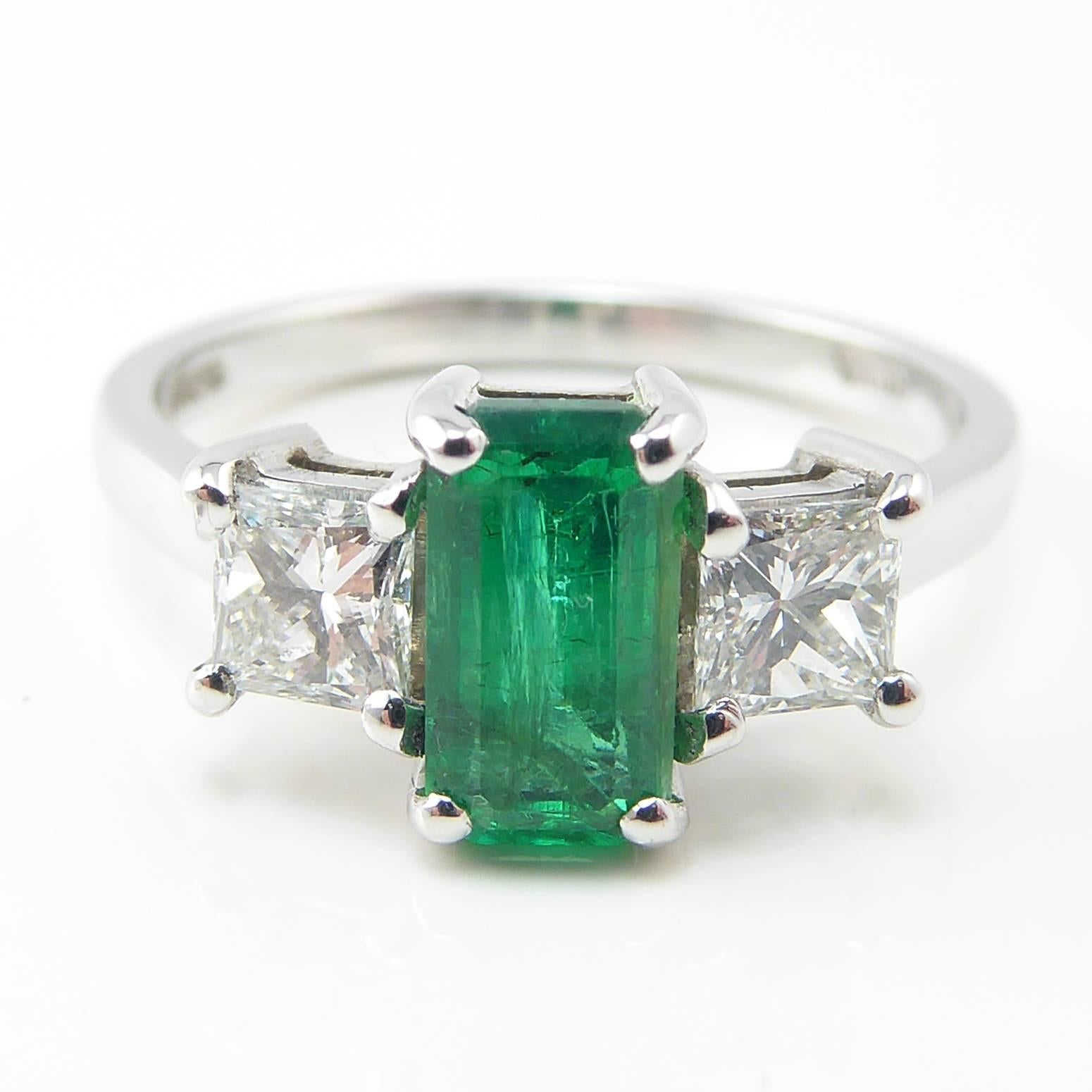 Women's or Men's Emerald Diamond Three Stone Engagement Ring, 18 Carat White Gold, Pre-Owned