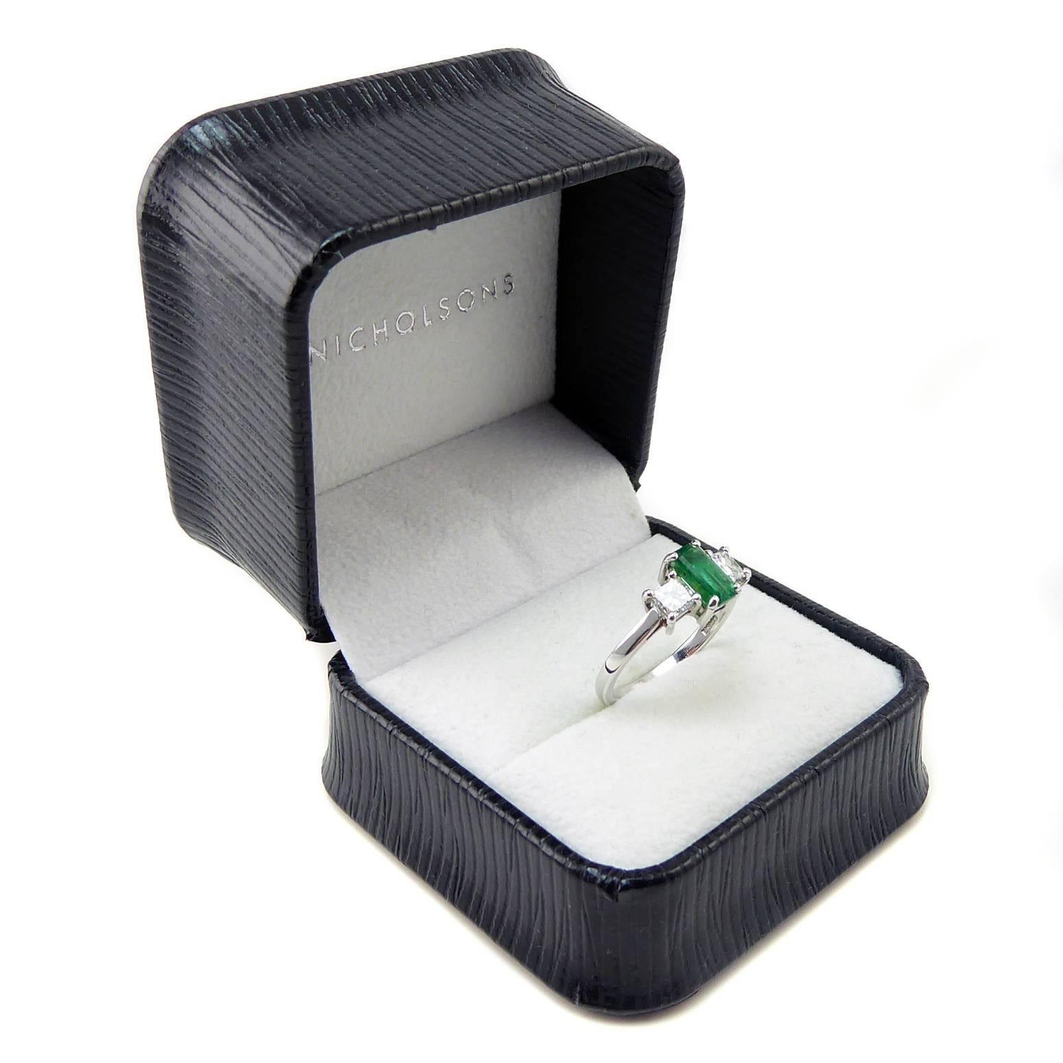 Emerald Diamond Three Stone Engagement Ring, 18 Carat White Gold, Pre-Owned 1