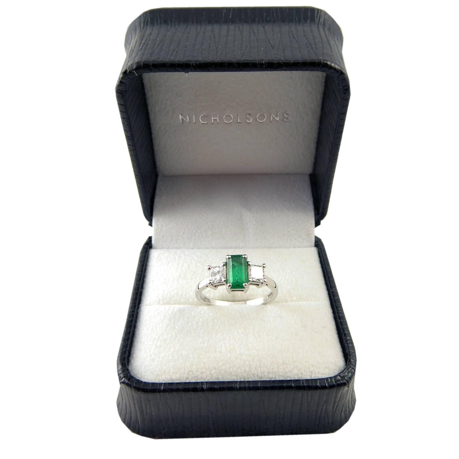 Modern Emerald Diamond Three Stone Engagement Ring, 18 Carat White Gold, Pre-Owned