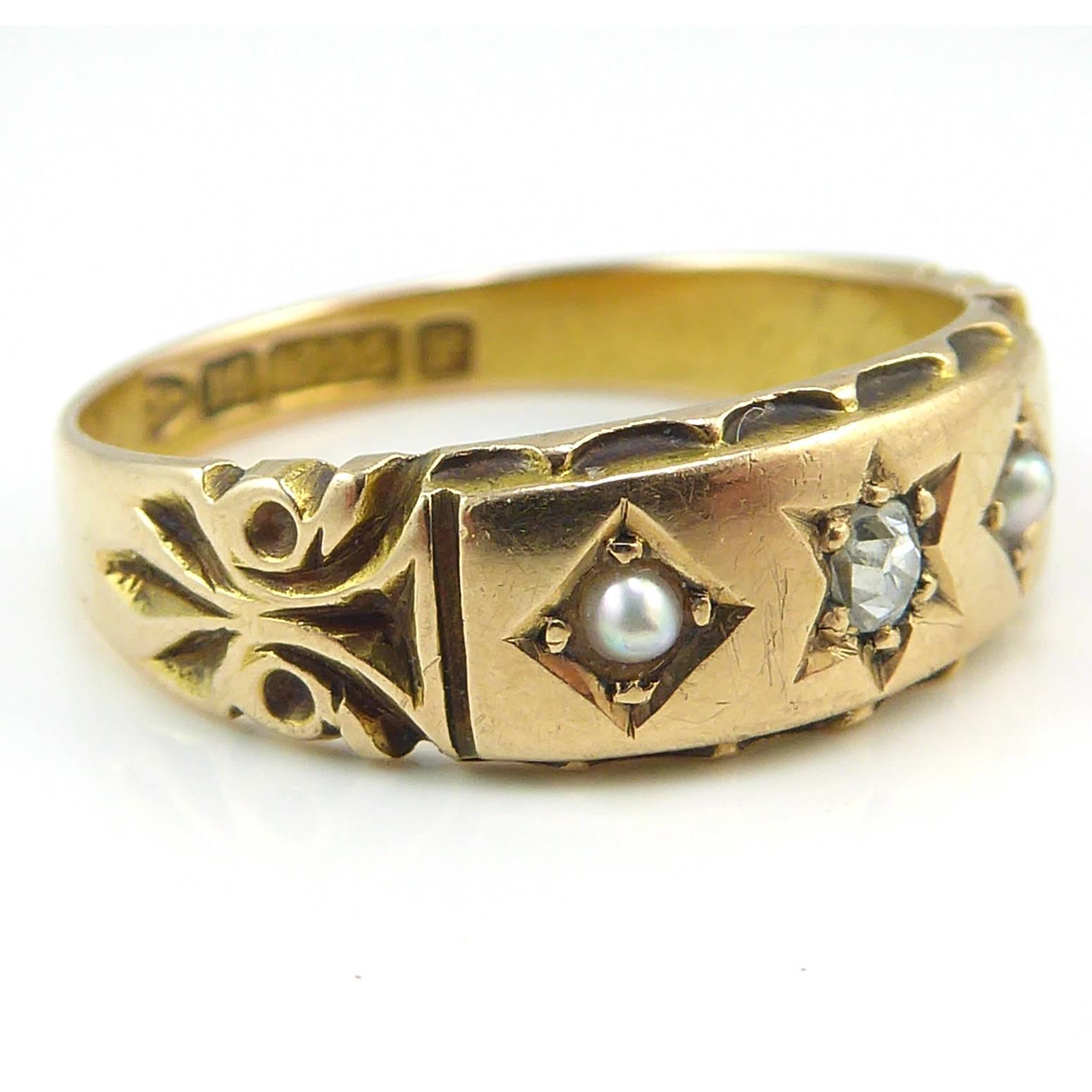 Women's Victorian Diamond and Pearl Ring, Hallmarked Chester, 1889, 15 Carat Gold