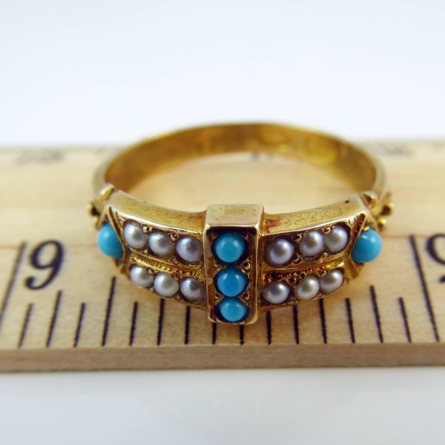 Antique Victorian Turquoise and Pearl Keeper Ring, Stamped 15 Carat 2