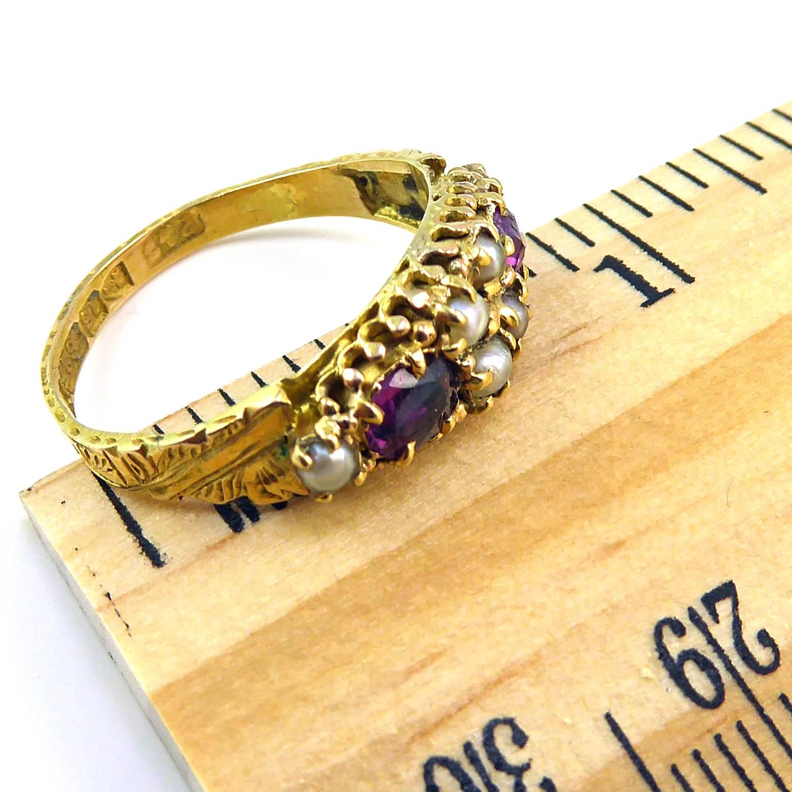 Victorian Antique Pearl and Paste Garnet Ring Chester Hallmark for 1888 15 Carat Gold