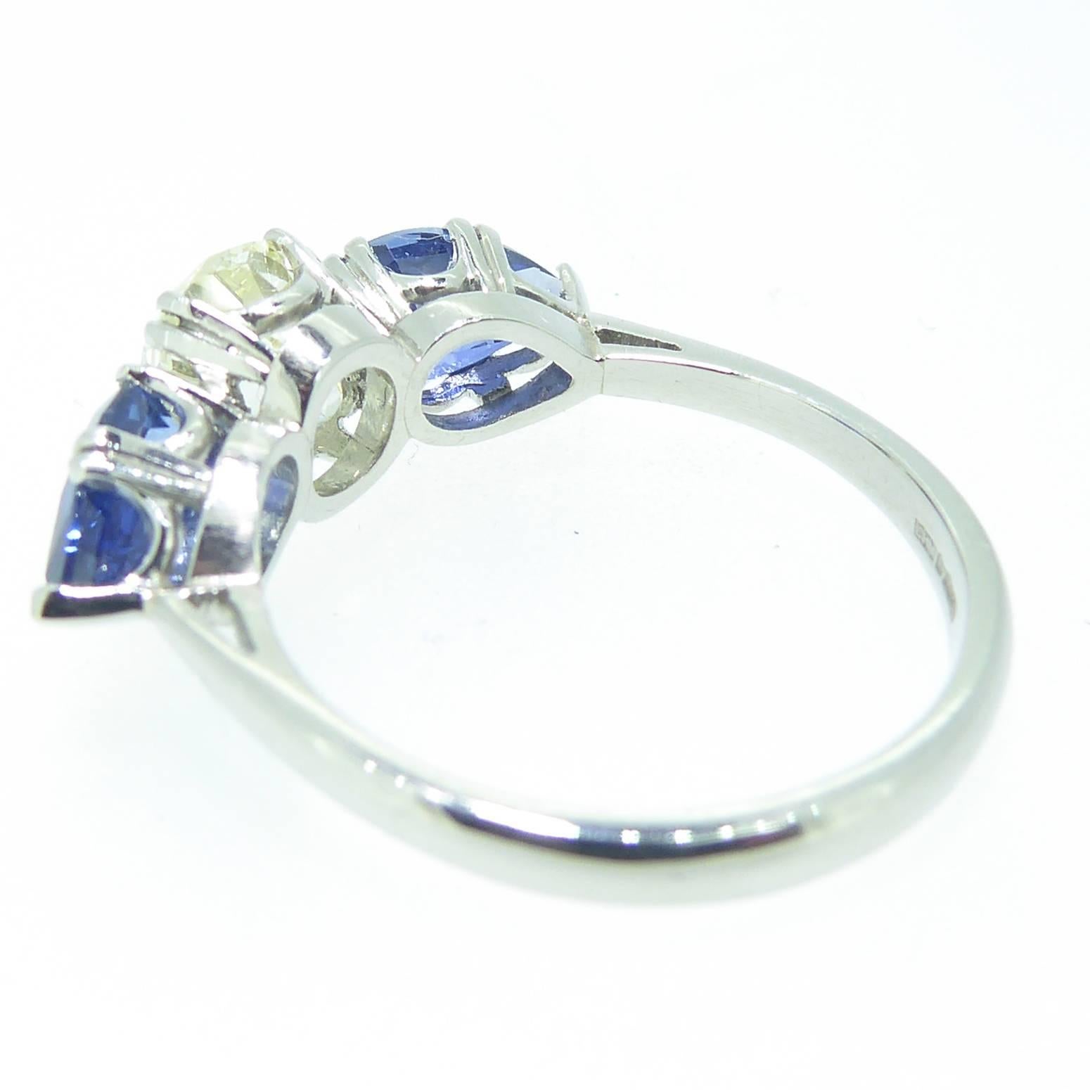 Women's Ring Old Cushion Cut Diamond 1.90 Carat, Pear Shaped Sapphires 2.44 Carat