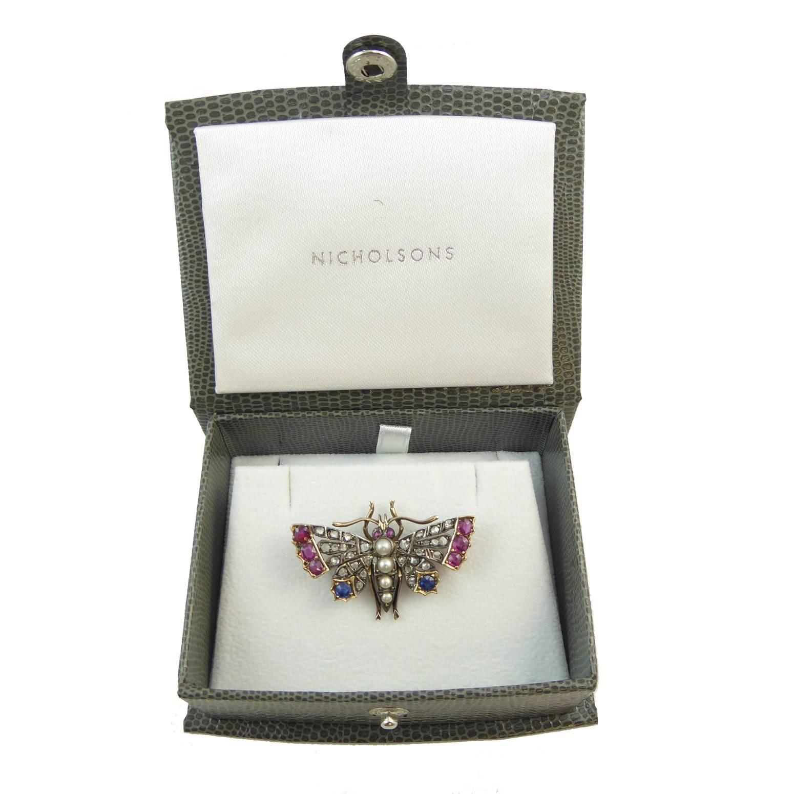 Victorian Butterfly Pendant or Brooch, Diamond, Ruby and Sapphire 5
