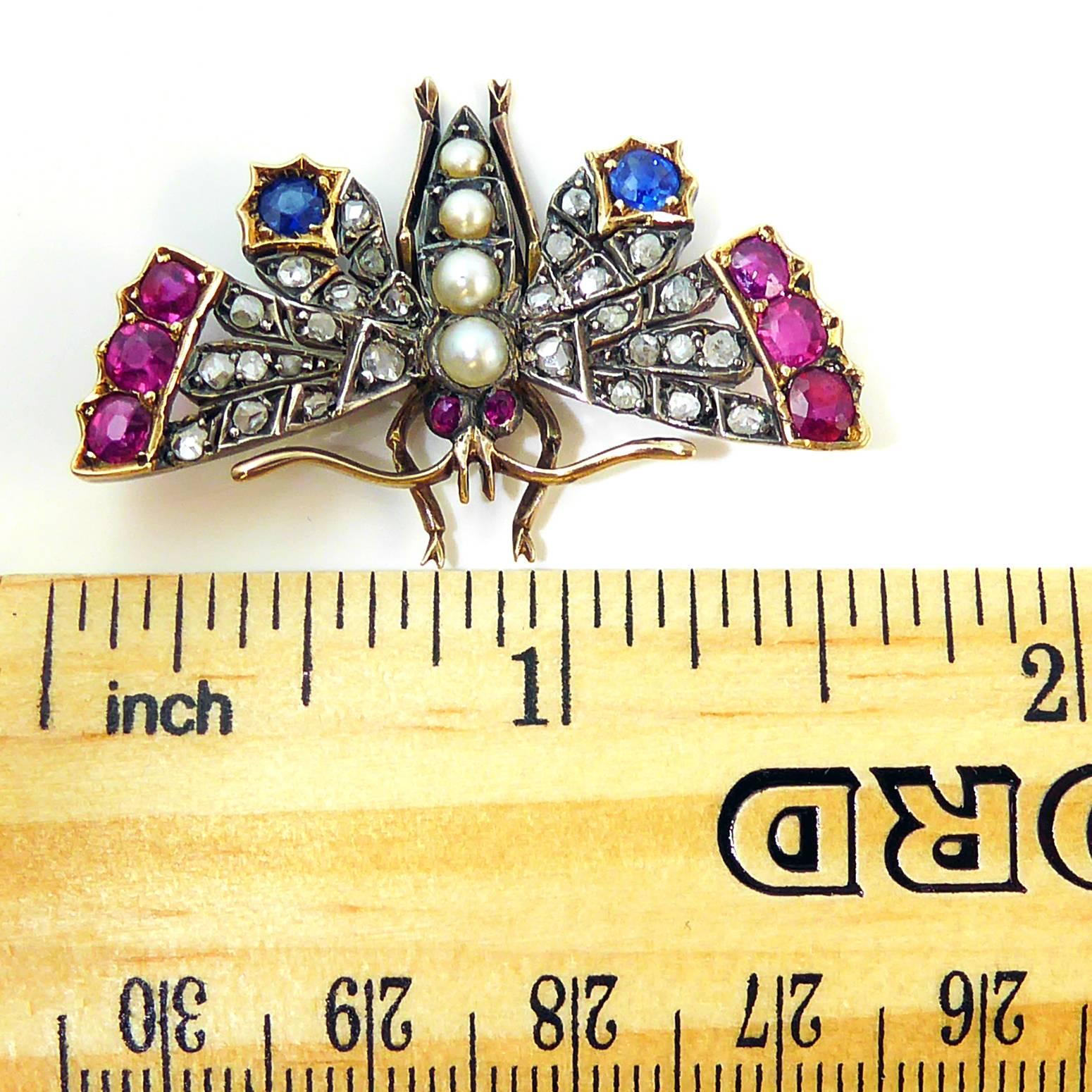 Victorian Butterfly Pendant or Brooch, Diamond, Ruby and Sapphire 1