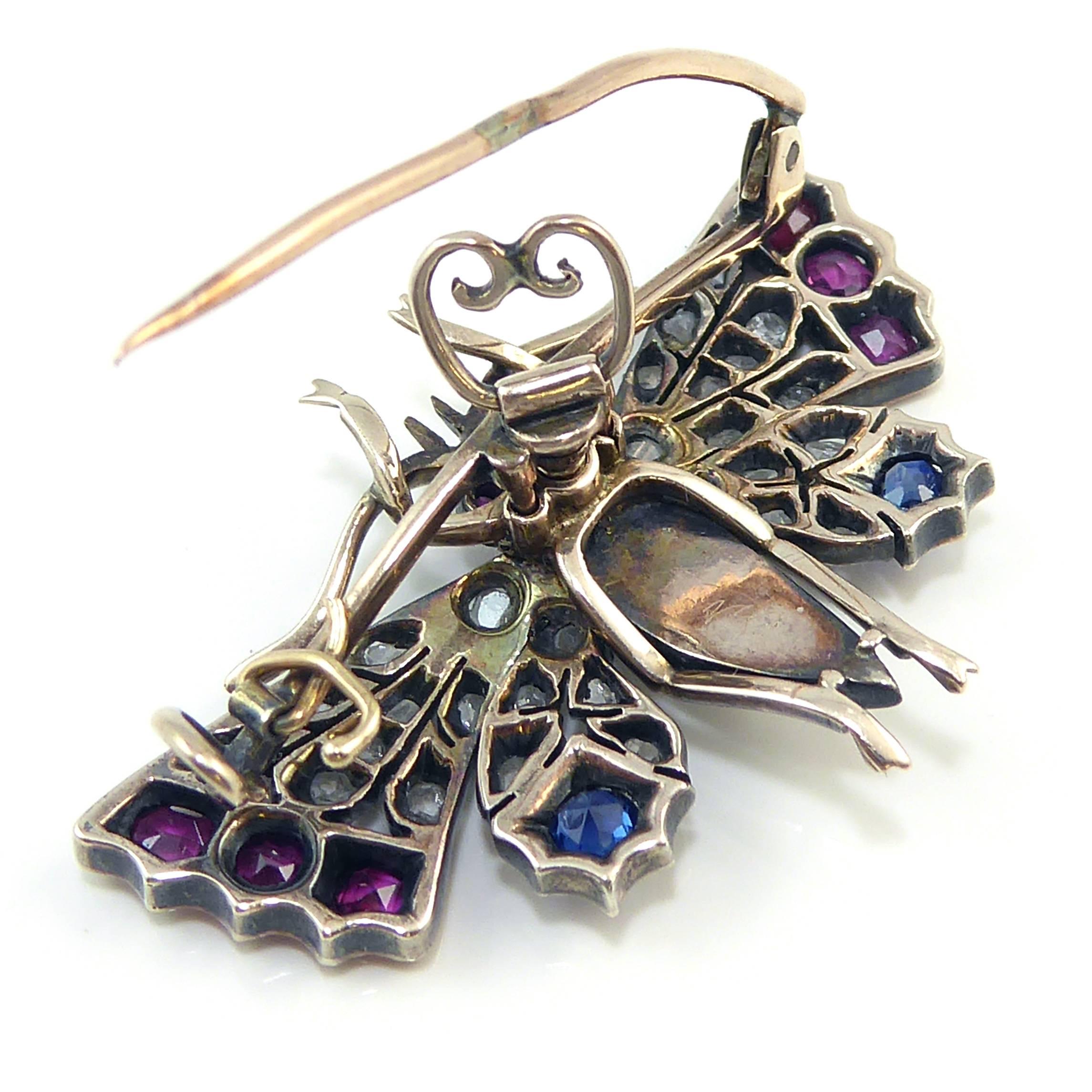 Victorian Butterfly Pendant or Brooch, Diamond, Ruby and Sapphire 3