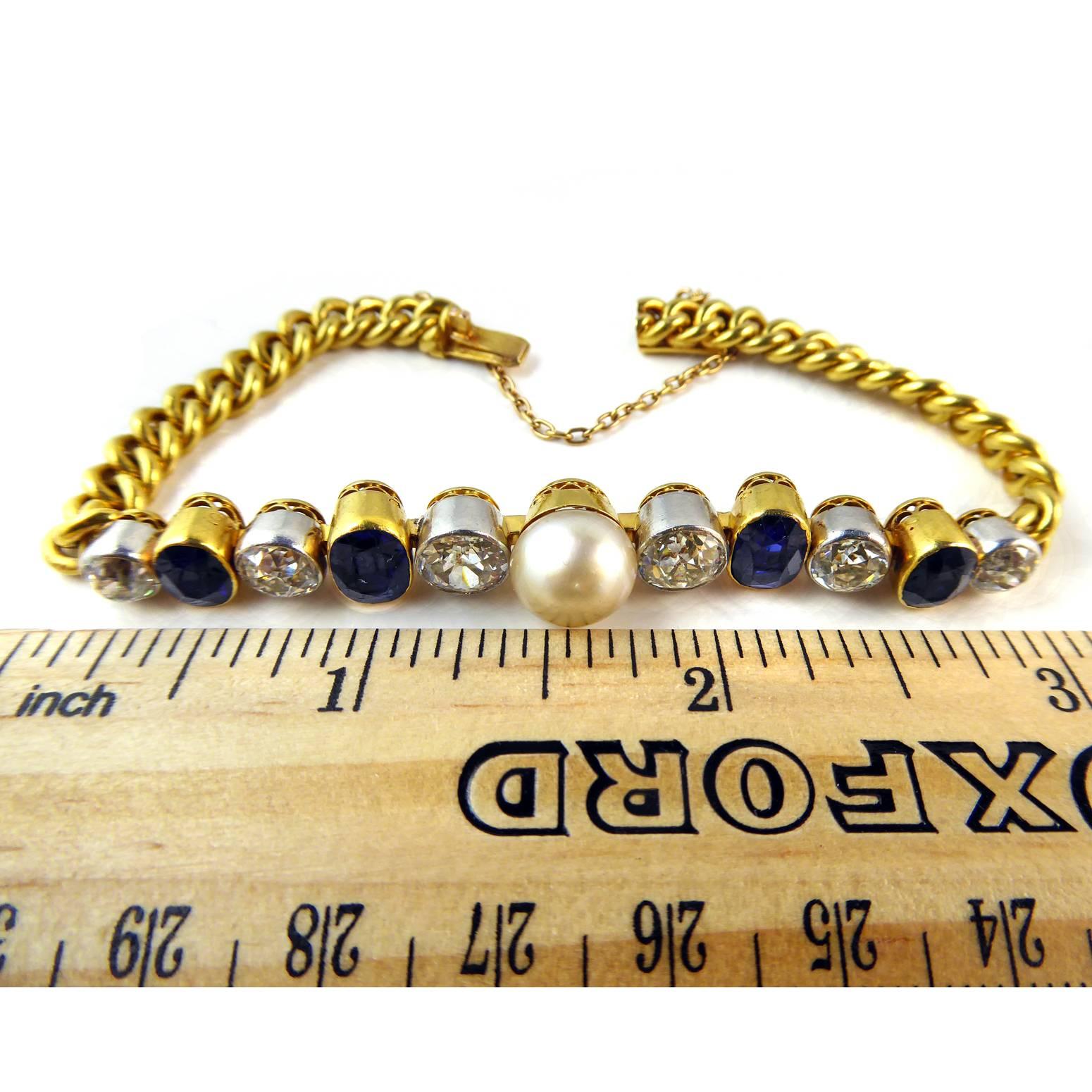  Art Deco Diamond, Sapphire & Natural Pearl Line Bracelet, 18Ct Gold & Platinum 2