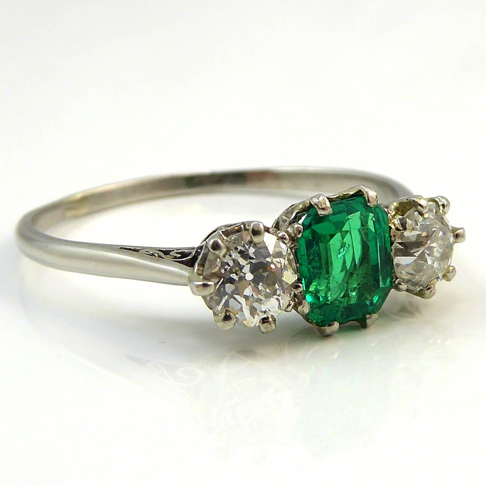 Women's Art Deco Engagement Ring, Emerald Diamond Three-Stone, Platinum
